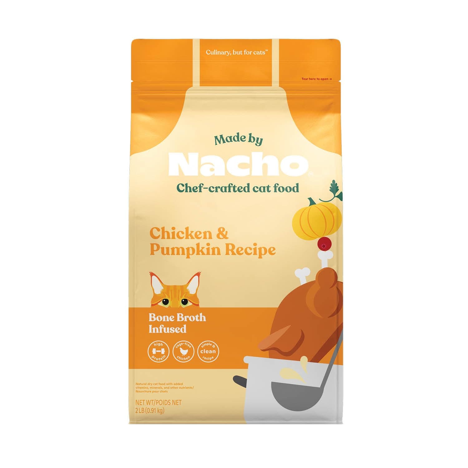 Bone Broth Infused Dry Cat Kibble - Cage-Free Chicken & Pumpkin Recipe - Premium Grain-Friendly Cat Food 2lb Bag, Limited Ingredients