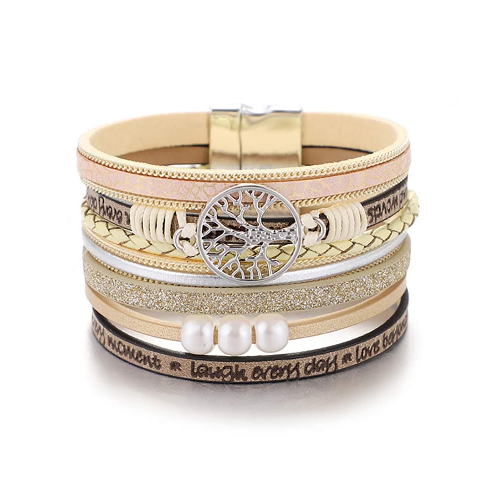Tree of Life UEUC Multilayer Handmade Boho Magnetic Buckle Leather Cuff Bracelet Casual Wristband for Women and Girls