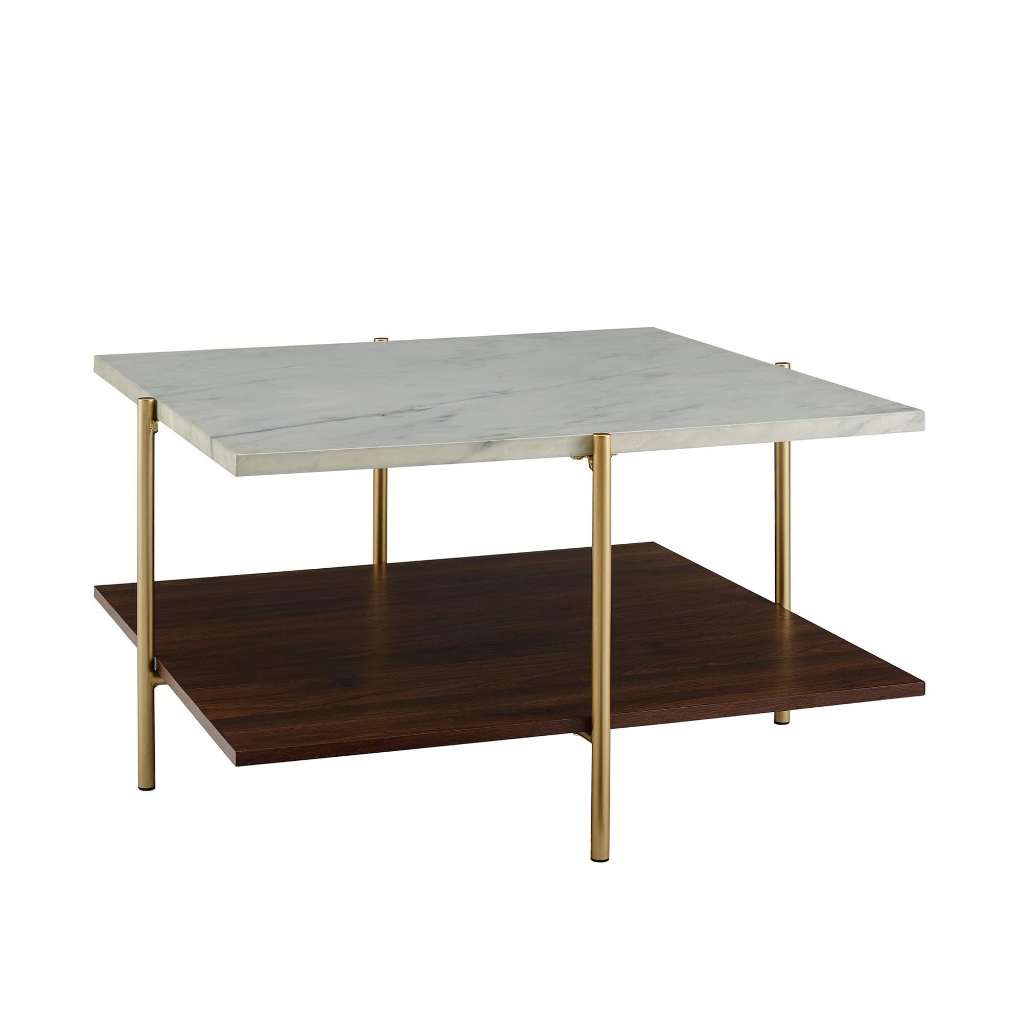 Walker Edison Mid Century Modern Square Top Coffee Table, Wood, Marble/Walnut, 81.28 cm