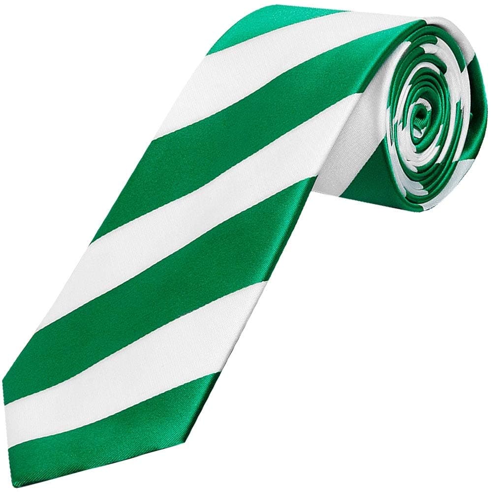 TIES R US Green and White Striped Hand Made Classic Men's Football Tie
