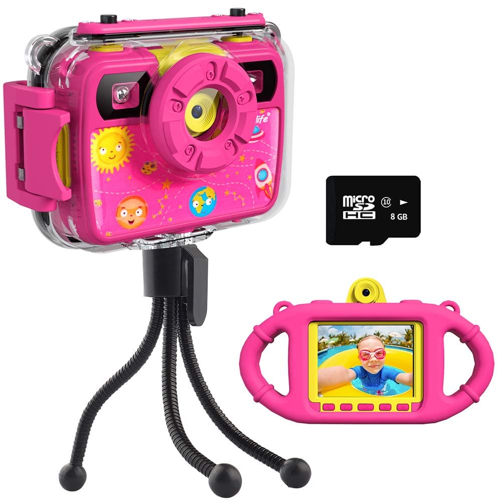Ourlife Kids Camera, Selfie Kids Waterproof Digital Cameras for Kids 1080P 8MP 2.4 Inch Large Screen with 8GB SD Card, Silicone Handle and Fill Light,2019 Upgraded (Pink)