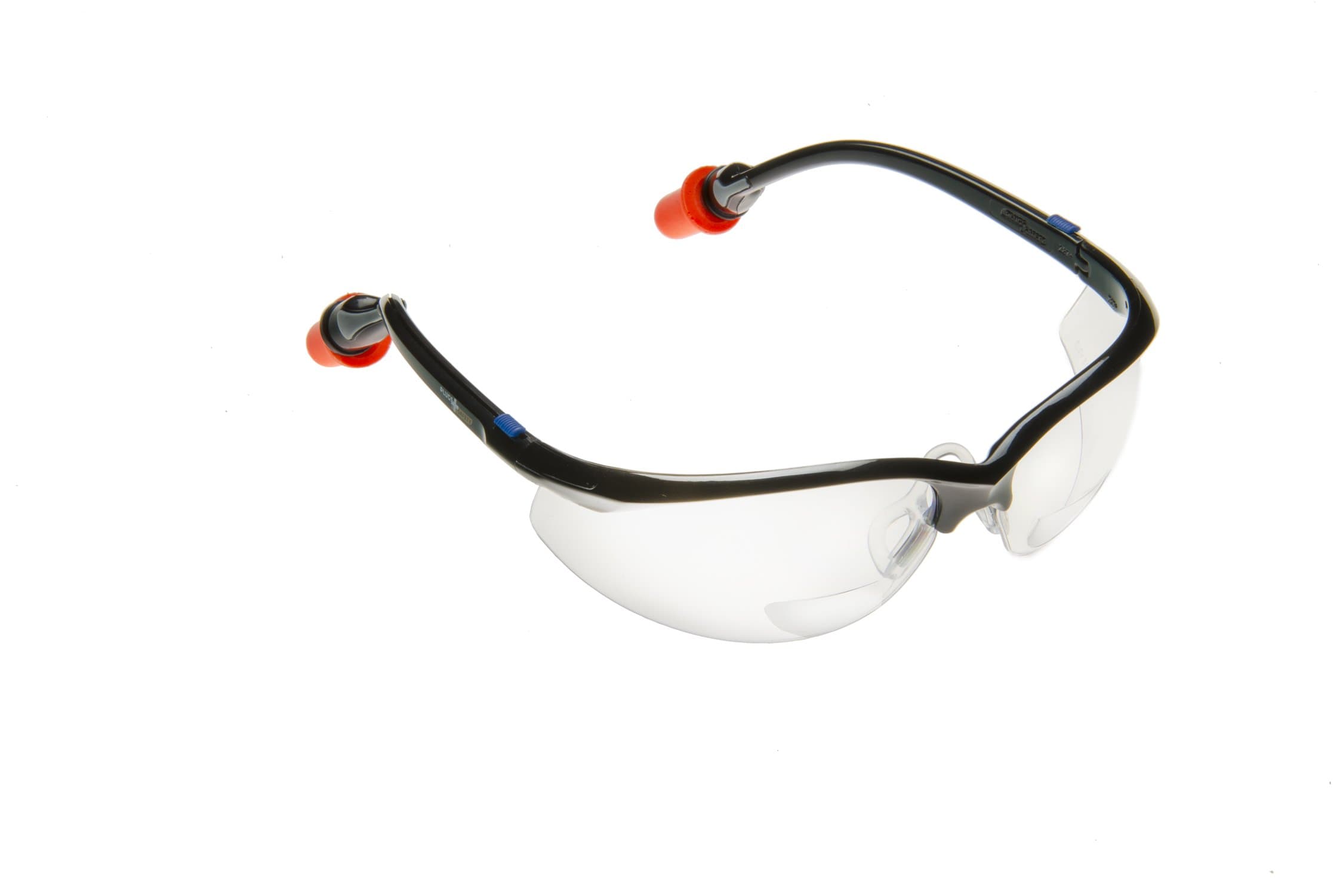 PlugsSafety PSGLS02BF-DF Polycarbonate Bifocal 2.0 Hard Coated Safety Glass with DuraFoam Ear Plugs, Clear Lens, Black Frame
