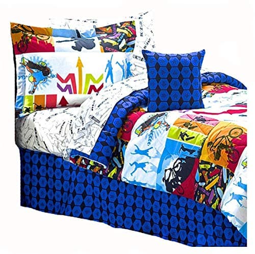 Get Movin Extreme Sports Skateboard BMX 10pc Queen Size - Comforter & Sheet Set + Two Window VALANCES (Pillow NOT Included!)