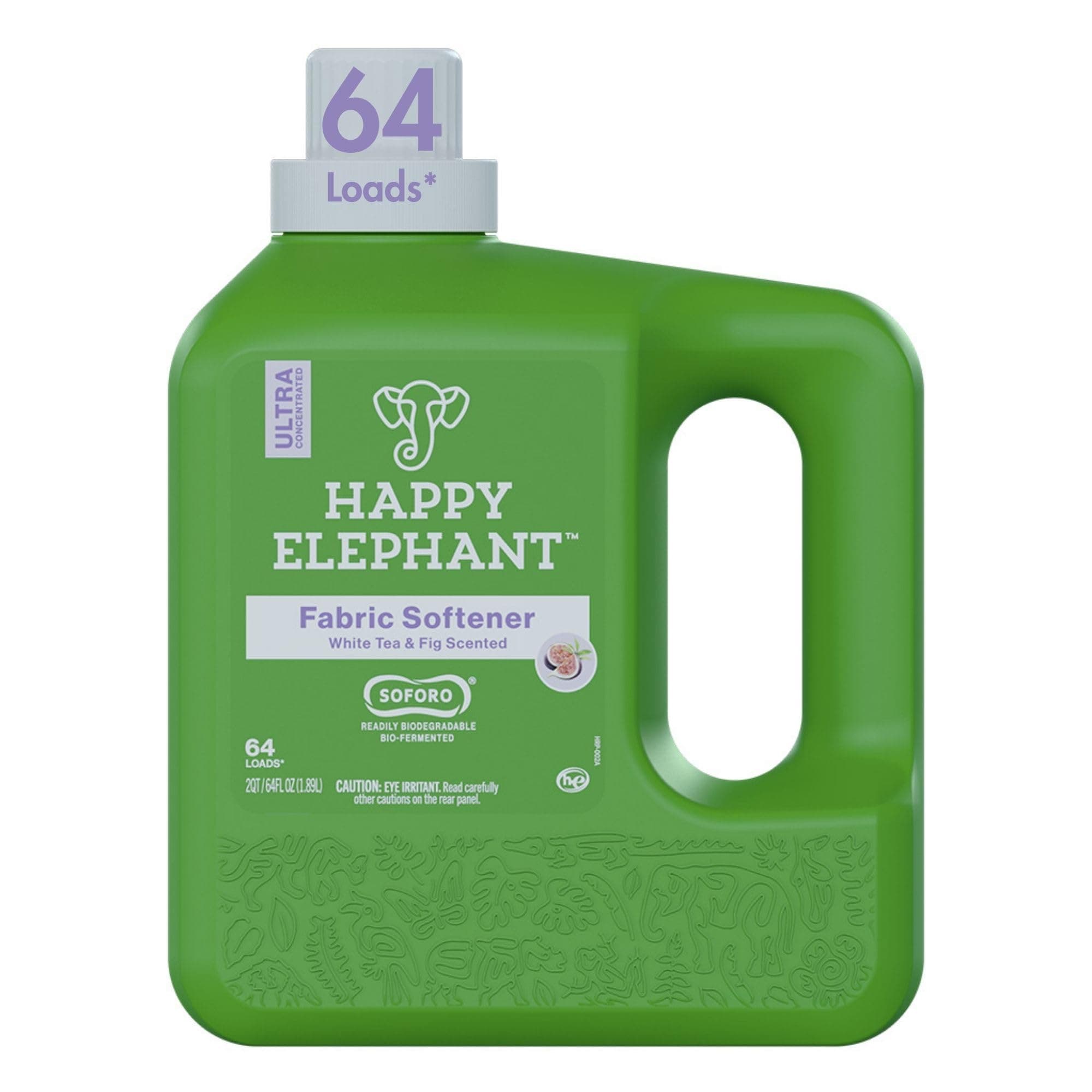 Happy Elephant Fabric Softener, White Tea & Fig Scent, Natural Biodegradable Liquid Fabric Softener, Plant Based, Softens Clothes & Reduces Static, Gentle on Skin, HE Compatible, 64 Fl Oz, 1 Pack