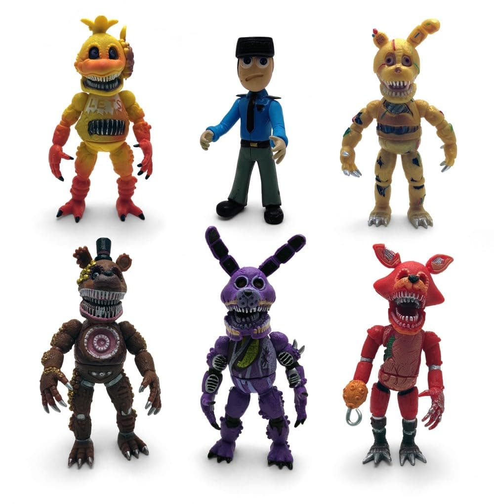 Inspired by Five Nights at Freddy Game Action Figures Collection Toys (FNAF) Toy, Set 6 pcs, Height 6in [Nightmare Foxy, Freddy, Bonnie, Fazbear, Chica and Human Security] with Masks