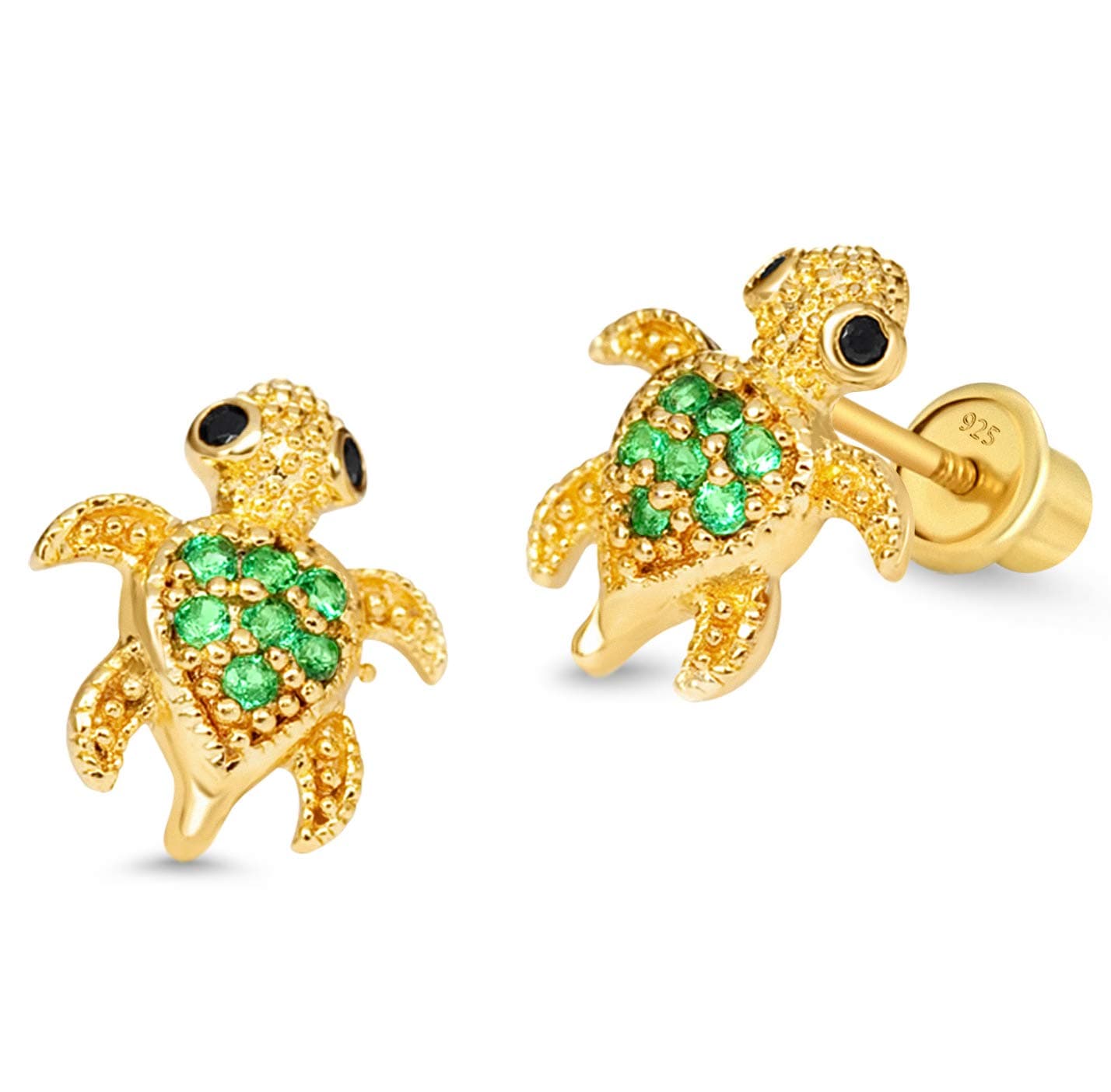 14k Gold Plated Brass Turtle Cubic Zirconia Screwback Baby Girls Earrings with Sterling Silver Post