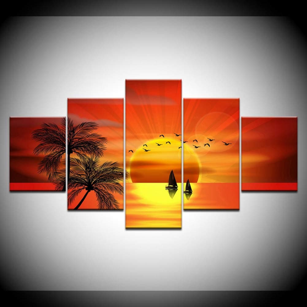 YCOLLC 5 pieces canvas Canvas Print Pictures Wall Decor 5 Pieces Coconut Tree Bird Sailboat Beautiful Sunset Seascape Painting Modular Poster NO Frame 40X60cmX2 40X80cmX2 40X100cm