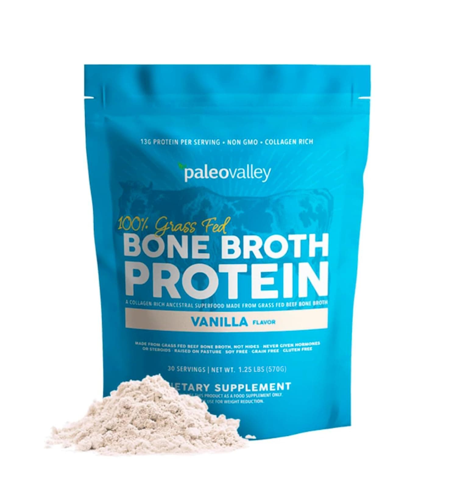 Protein powder from animal bone broth, which is rich in collagen for hair, skin, intestinal health and support of bones and arctic with 100% willow and vanilla
