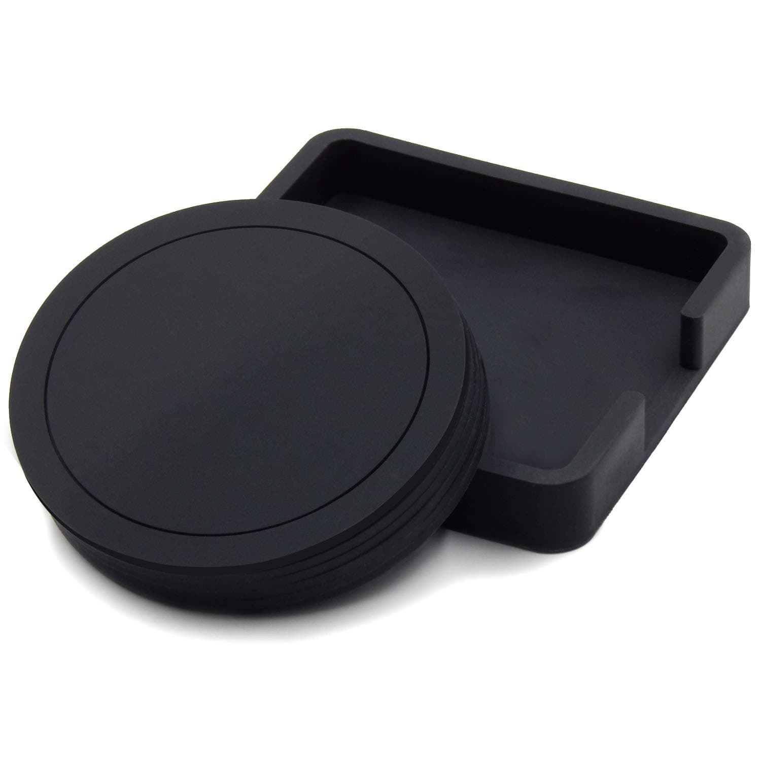 TOSSOW Silicone Coasters for Drinks with Holder Set of 6pcs Black, Non-Slip Heat Resistant Thick Insulation Durable Coffee Drinks Coaster Set Wine Cup Mat