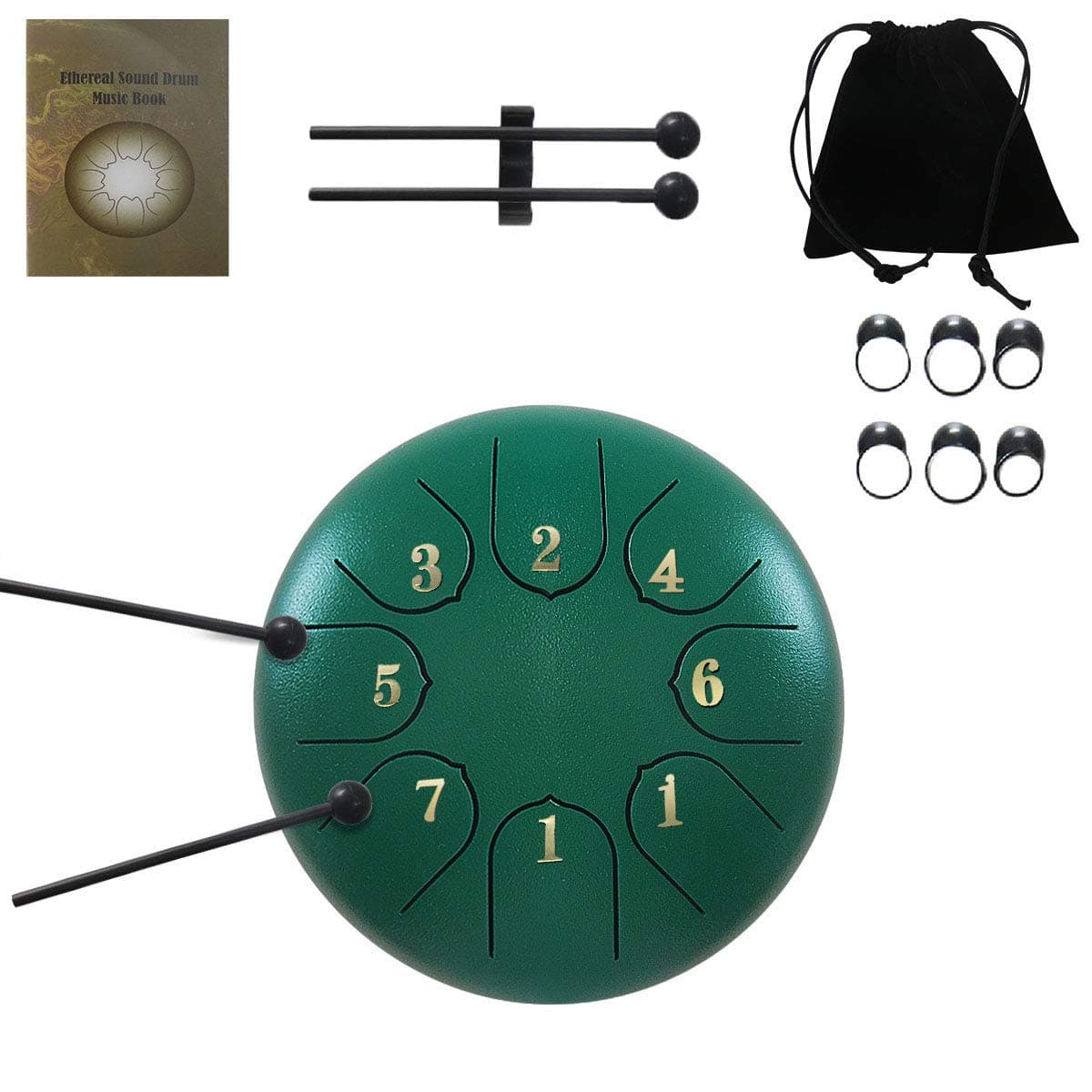 ZHRUNS Steel Tongue Drum - 8 Tones 6 Inches-Percussion Instrument -Handpan Drum with Bag, Mallets, Finger Picks, Notes Stickers for Personal Meditation, Yoga, Zen (Green)