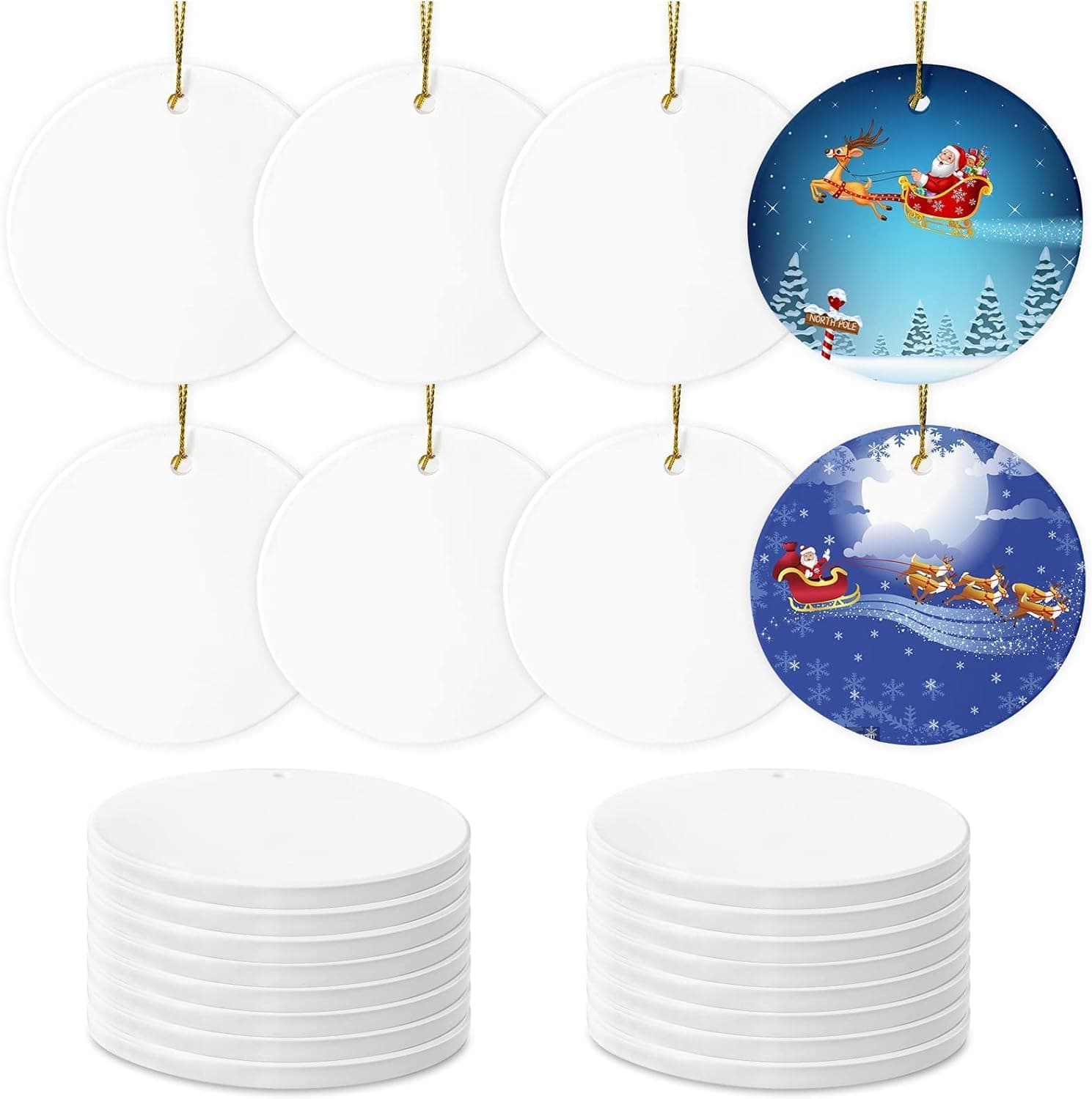 AMONE Sublimation Ceramic Ornaments - Bulk Ceramic Discs for Heat Press Printing - White Round Porcelain Personalized Xmas Tree Keepsake Crafts Gift