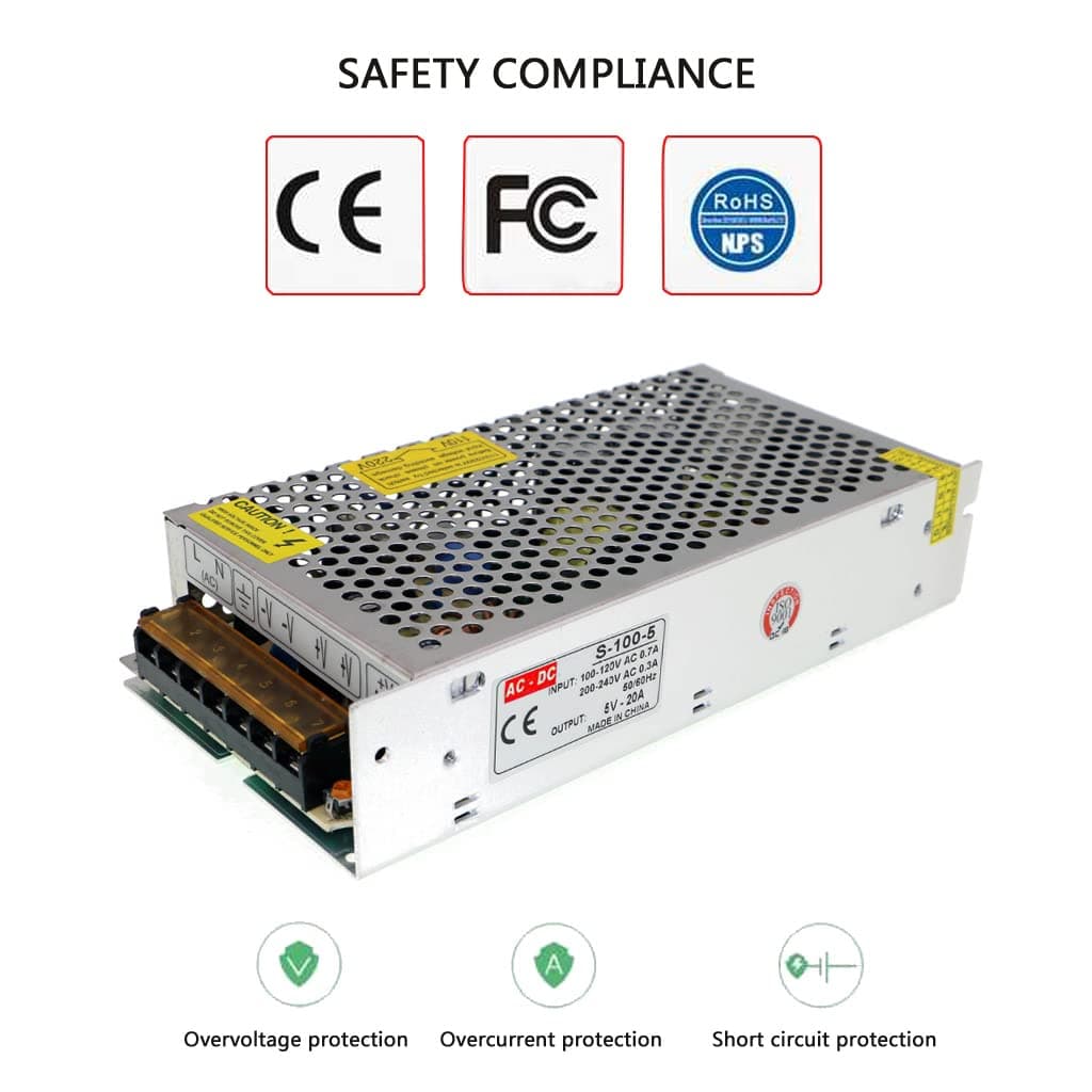 5V 20A Power Supply AC 110V/230V to DC 5V 100W Universal Regulated Power Transformer for LED Strip Lights