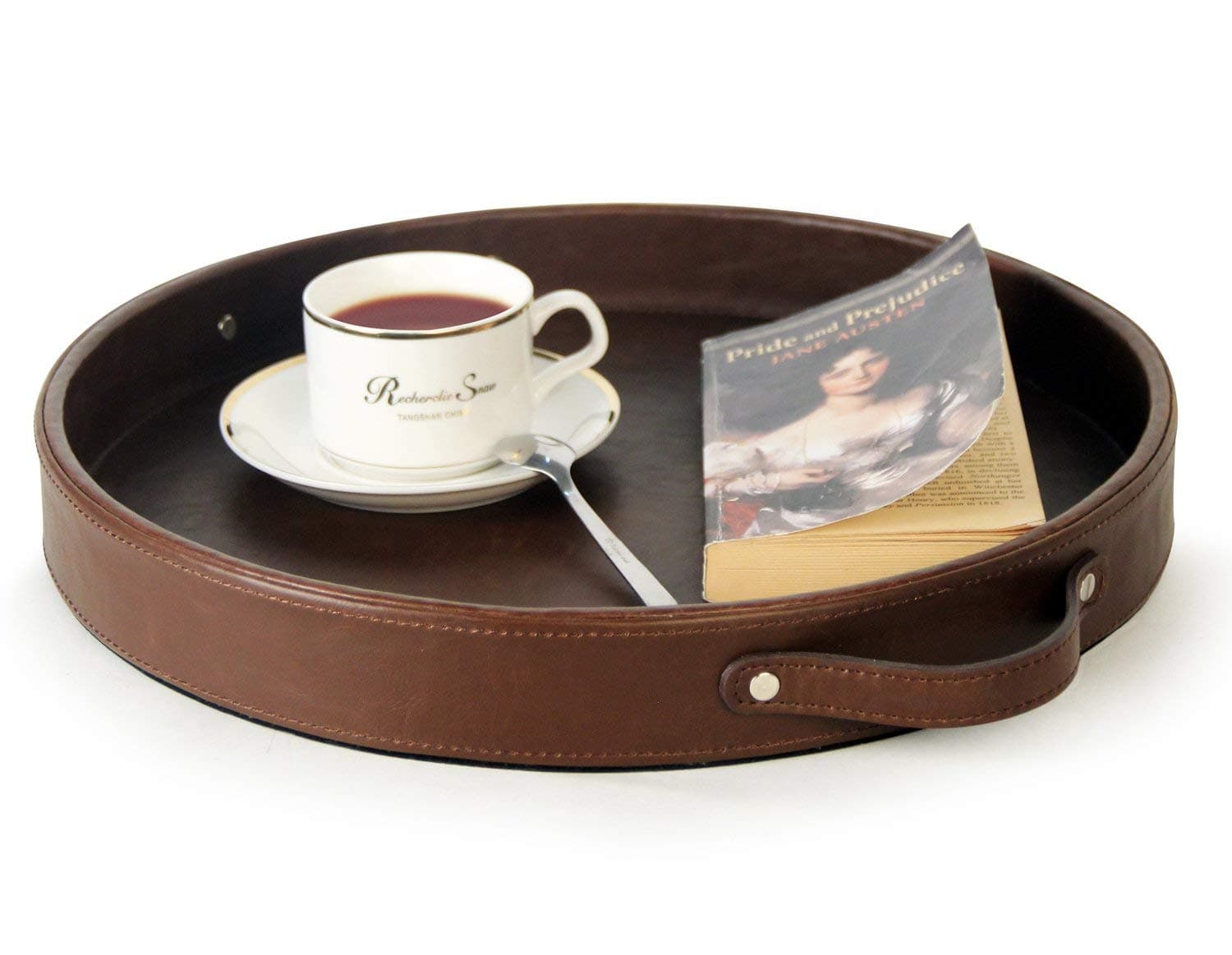Ms.Box PU Leather Round Serving Tray with Handles, Brown