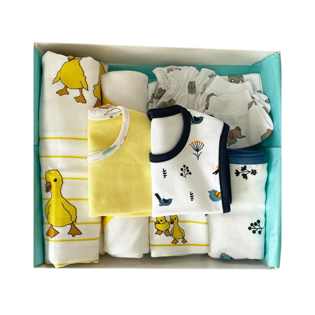 TINYLANE - Curated For You! Newborn Baby Products Gift Set (13 Pcs), Essential Clothing Gift Kit For Infants Of 0-3 Years, Swaddles, Bibs, Cap, Booties, Mittens & Washcloths, Ideal Baby Shower Gift Pack