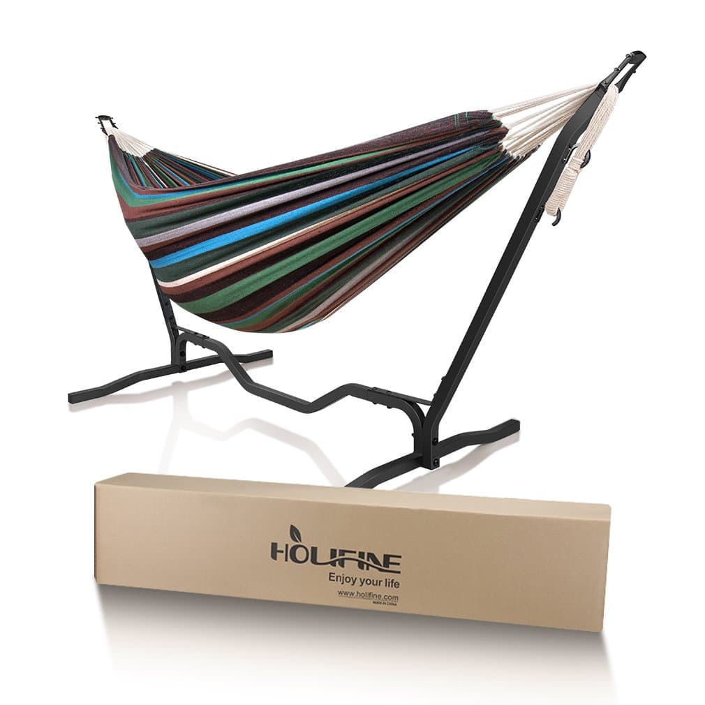 Holifine XXL Hammock Double with Metal Stand Unique Design of Guitar Outdoor Camping Garden Swing Indoor Room Deco Bed Frame 200 x 150 cm Cotton and Polyester Fabric Max Load 200 kg - Green