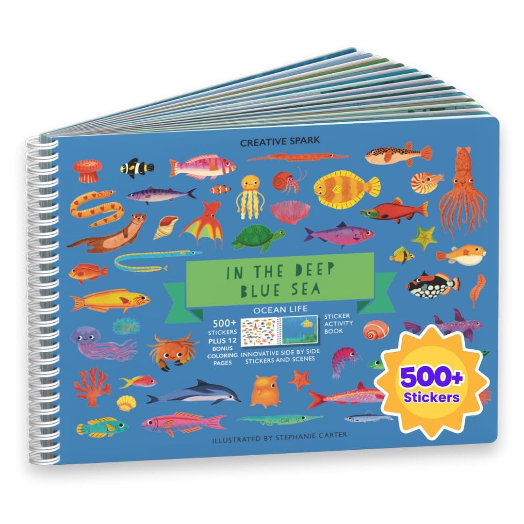 Cupkin Ocean Stickers Book Activity for Kids Toddler Airplane Travel Essentials Over 500 Shark Stickers for Kids + 12 Scenes + 12 Coloring Pages Deep Blue Sea Gift Kids Craft 2-8 Years Old