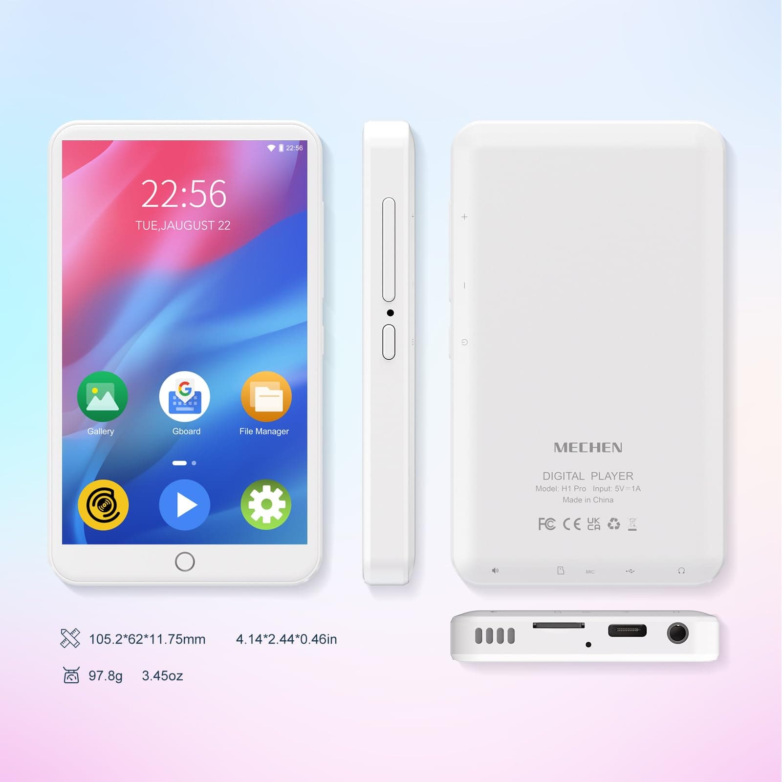 MECHEN MP3 Player with Bluetooth and WiFi，MP3 MP4 Player with Spotify，Audible，Pandora，Amazon Music，4" IPS Touch Screen Android Music Player with Speaker, Up to 512 GB (White)