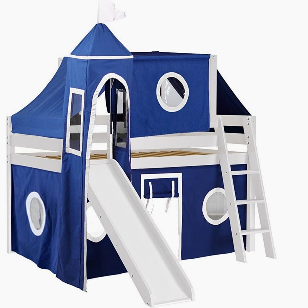 Loft Bed Tent With Slide Curtain And Ladder Dorm Loft Bed Frame Low Twin Size Contemporary Fun Kids Loft Study Single Furniture Children Junior Boys Bedroom Hardwood White Wood And eBook By NAKSHOP