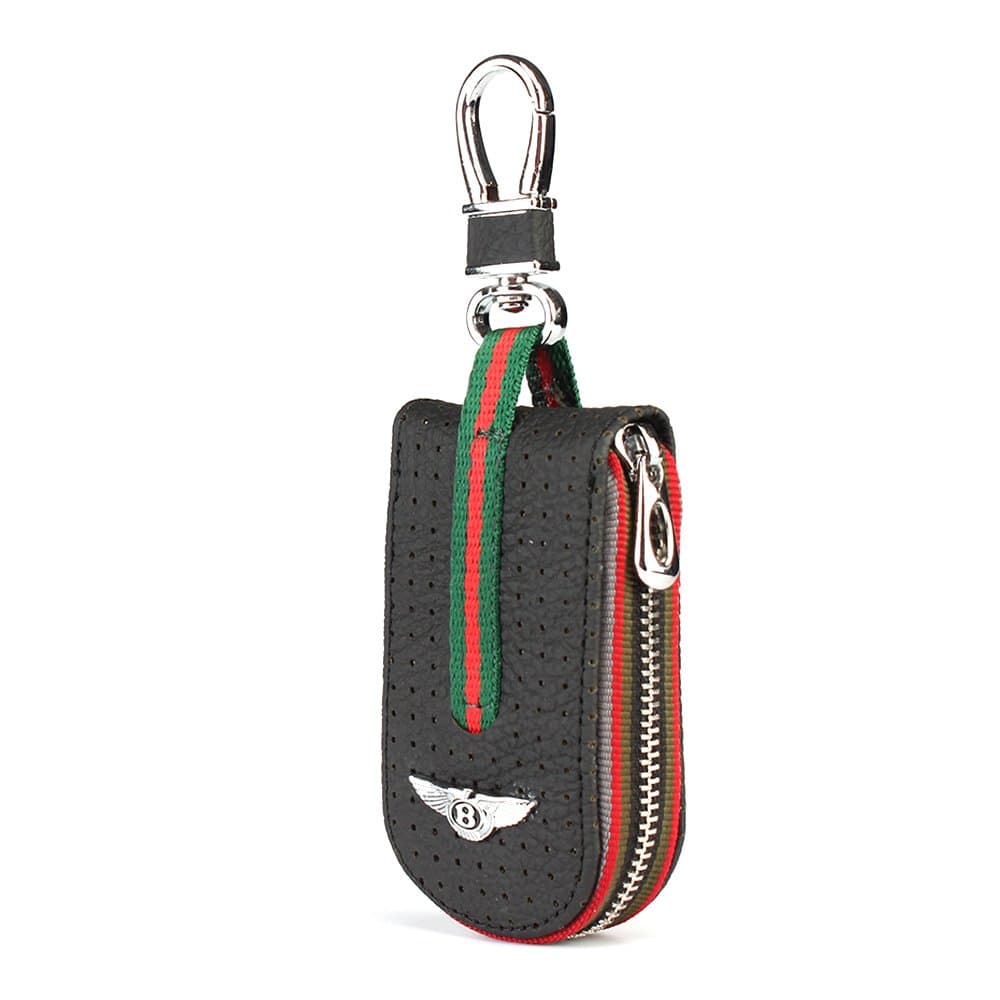 Leather Car Smart Key Chain Universal Key Holder Bag Black Zipper Case Cover Wallet Bag Shell Fob Ring (Bentley)