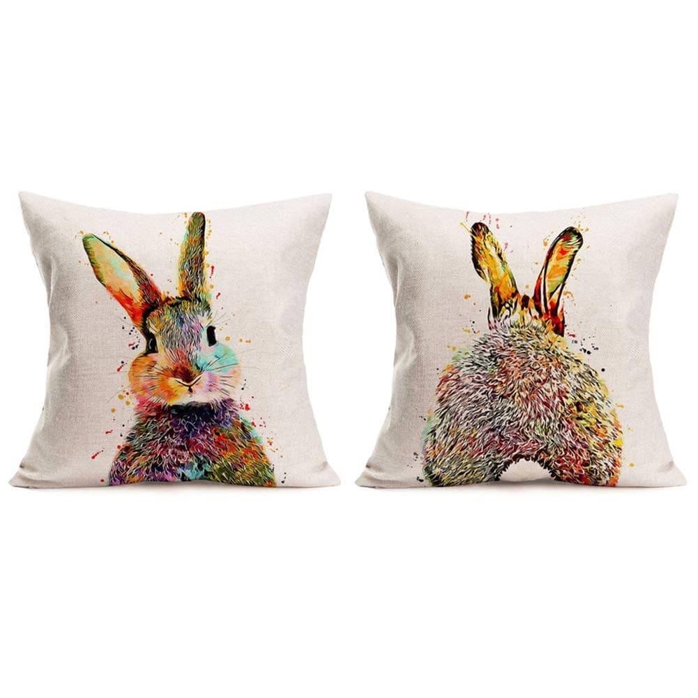 Aremazing Watercolor Bunny Rabbit Throw Pillow Covers Set of 2 Lovely Animal Pattern Bunny Feed Cotton Linen Home Decorative Cushion Cover Pillow Case Square Pillowcase 18 x 18 Inches (Rabbit)