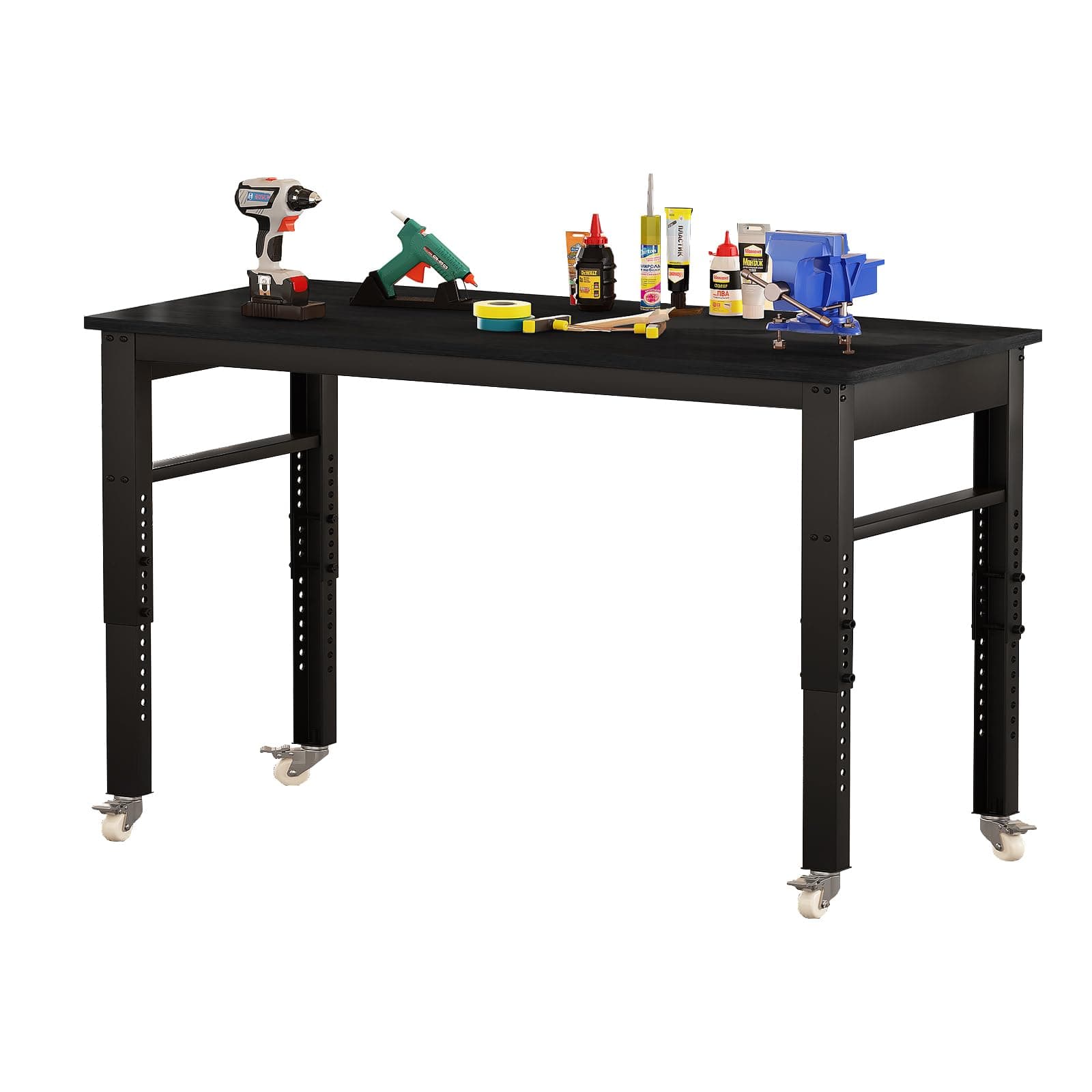 DKLGG Workbench Adjustable Height, 47.2" Heavy-Duty Work Bench Table Mobile Workbench with Lockable Casters, Multifunction Work Station for Garage, Workshop, Home, Office, Easy Assembly
