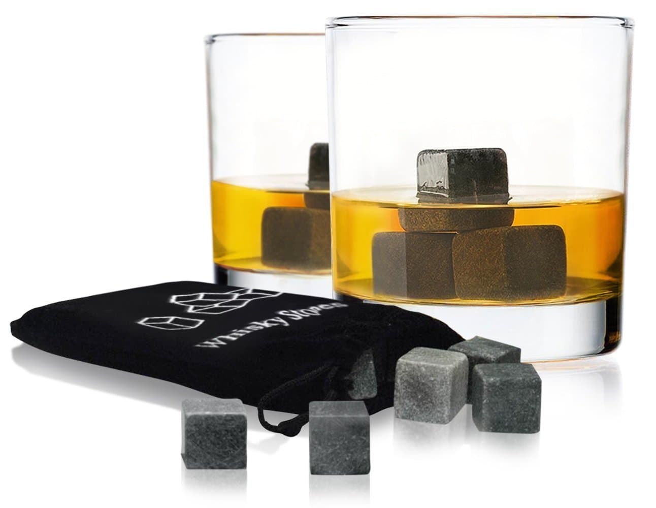 Premium 10 oz Whiskey Glasses - Set of 4 Heavy Base Rocks Old Fashioned Scotch Glass for Wine and Cocktails - 6 Chilling Ice Sipping Stones with Velvet Carrying Pouch, Barware Gift Set