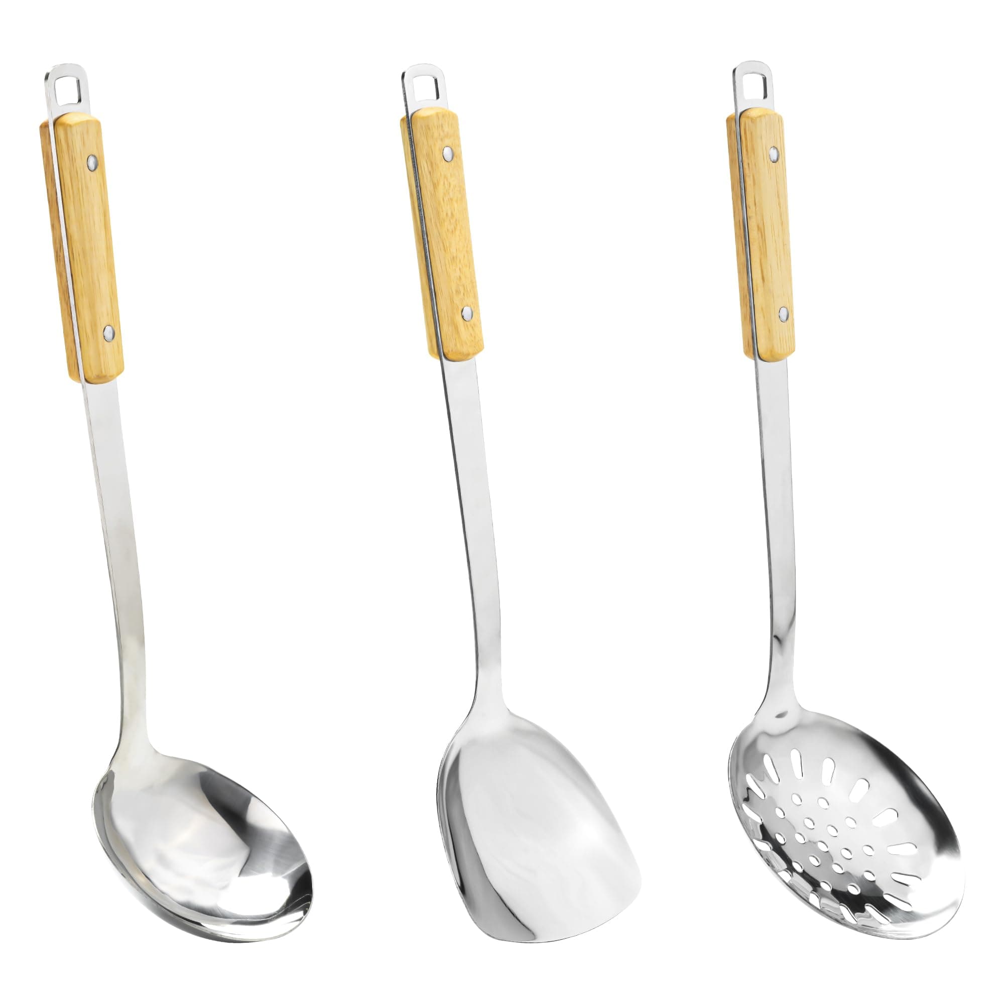 FJNATINH Wok Spatula and Ladle Skimmer Spoon - Stainless Steel Cooking Utensils Set of 3,Kitchen Wok Utensils Set