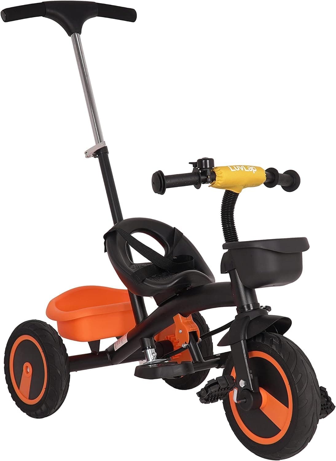 Kids Tricycle KT 004 Secure Seat Belt, Parent-Controlled Push Handle, Sturdy Steel Frame, Rubber Wheels, Front Basket, and Rear Basket - Perfect for 1-3 Year Olds (100% Assembled, Orange)