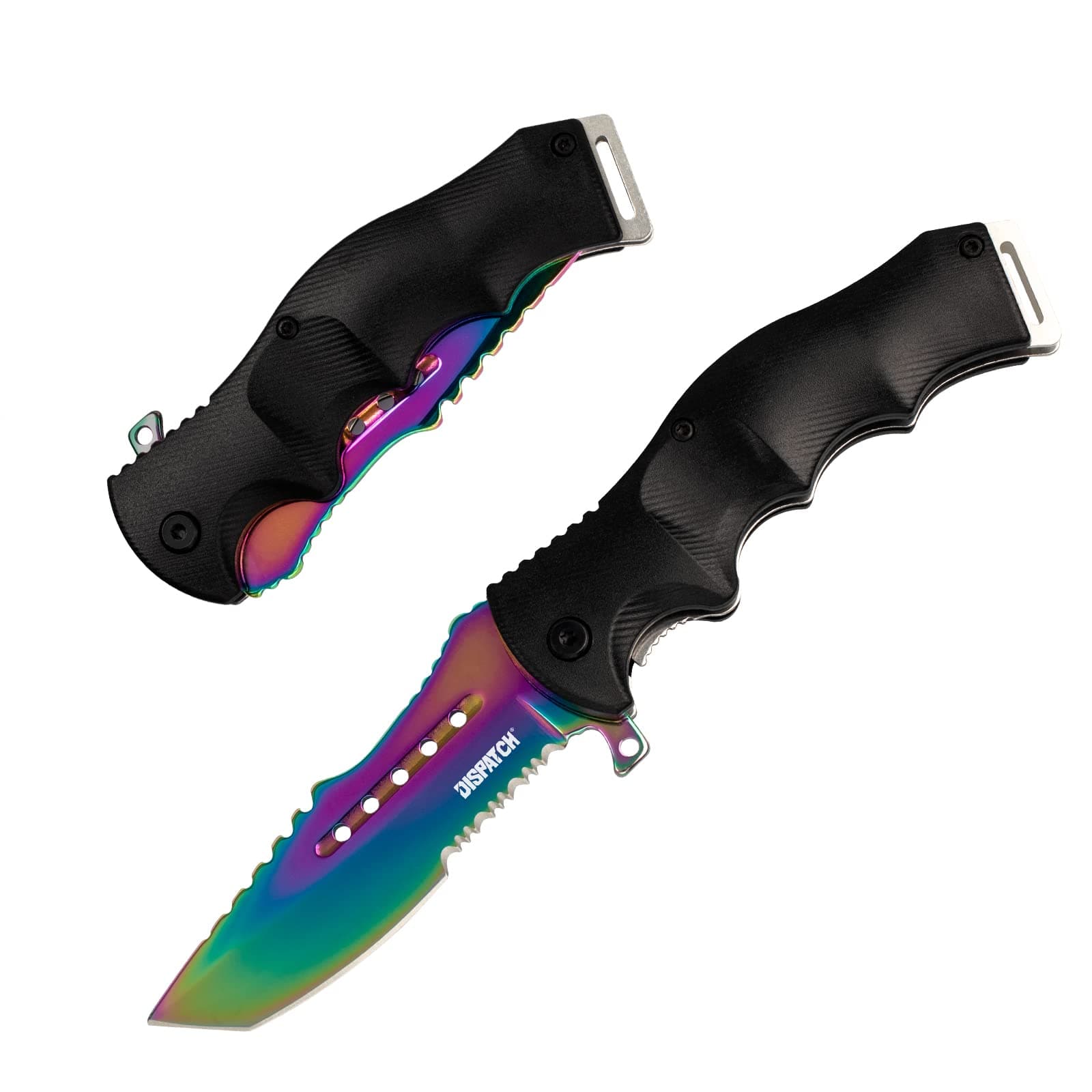 Tactical Folding Pocket Knife Rainbow Titanium Coating, Serrated Clip Point Blade, Tanto Point for Outdoor Rescue Camping Hiking EDC