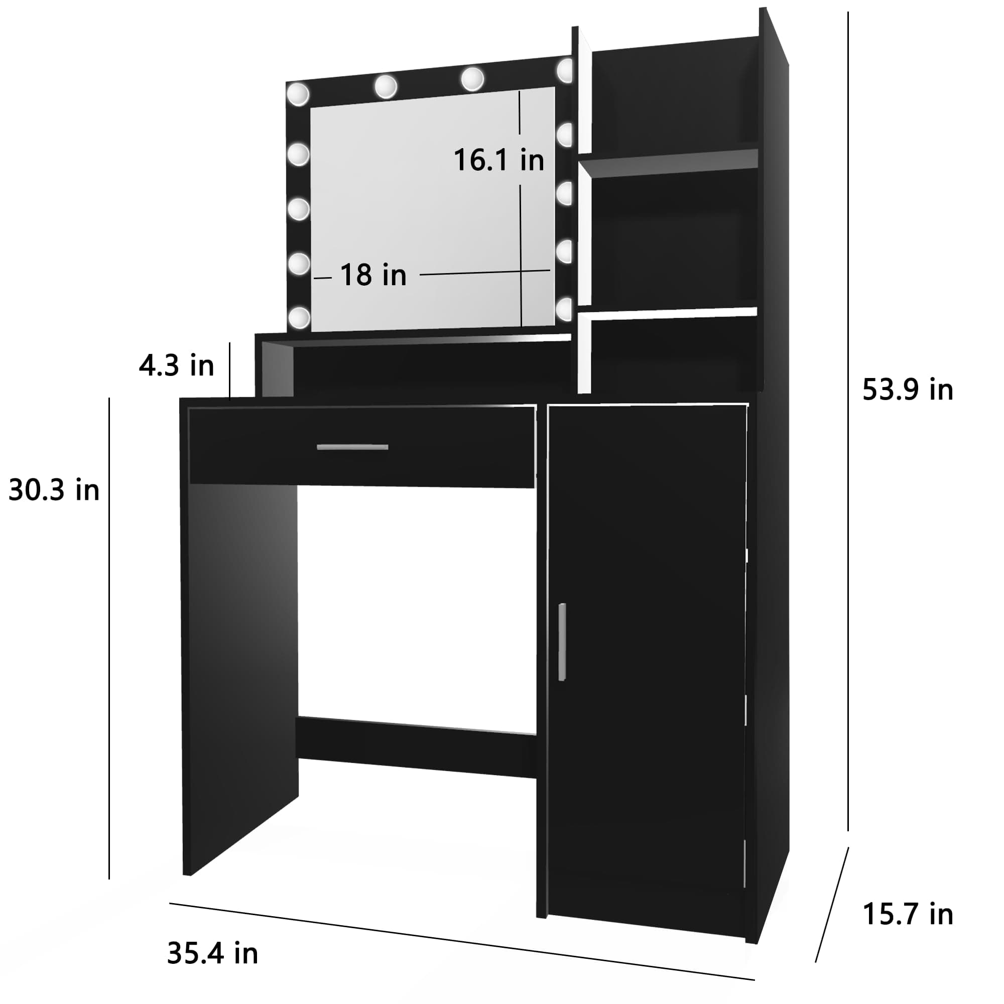 Palimder Vanity Makeup Desk with Mirror & Light, Large Drawer & Three Level Storage Dresser, 3 Lighting Modes Adjustable Brightness, Bedroom Dressing Table (Black)