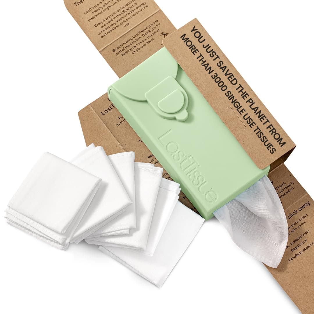 Reusable Cotton Tissue Pack | Face Towels & Handkerchiefs for Men & Women – Washable, Sustainable Facial Tissue with Storage Case - Green