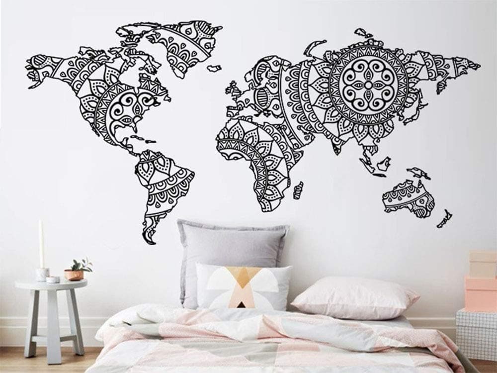 IDECORATE World Map Wall Sticker,World Map Wall Sticker Bedroom Decor Yoga Wall Vinyl Art Pattern Wall Decal Modern Boho Style Home Decor Mural 113X56 Cm