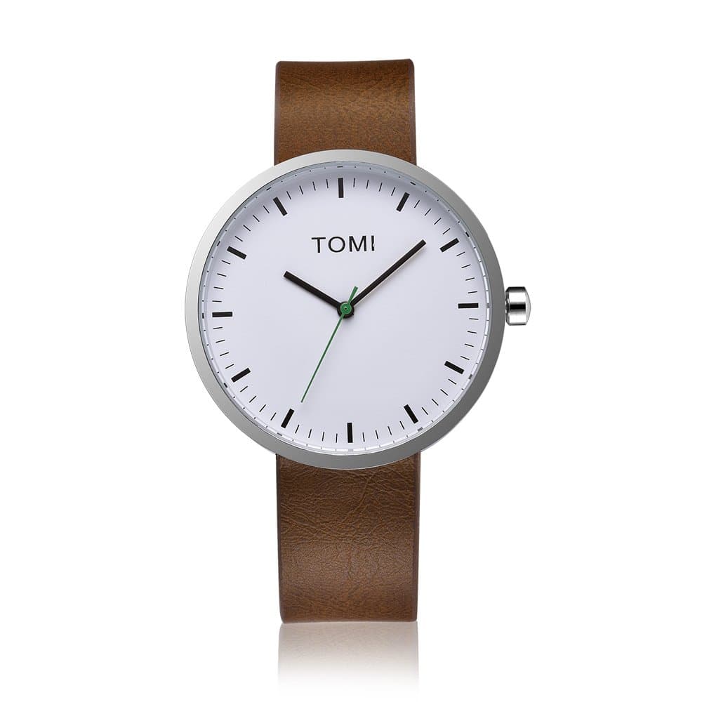 Tomi 005 Quartz Analog Stainless Steel White Green Leather Brown Unisex Design Watch
