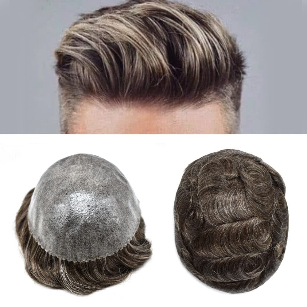 Toupee for Men's Hair Replacement System - Full Injected PU Mens Toupee - Durable Full Poly Skin Human Hair Piece (8"x10", 340 Dark Brown+40% Gray-120% Medium Light to Medium Density)