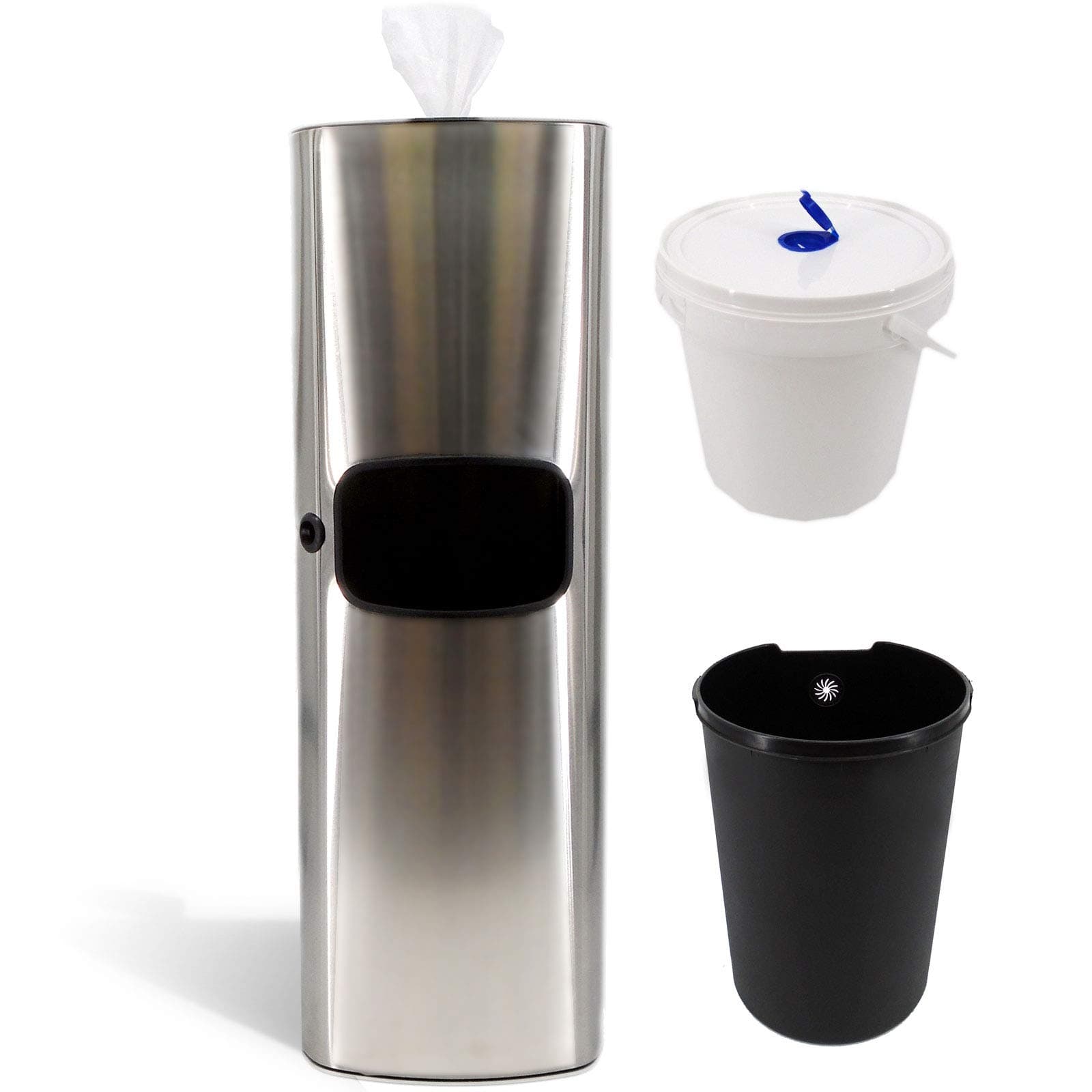 Eagle Wipes New Wet Wipes Dispenser and Trash Can Set for Gyms, Offices, Hospitals, Schools, Restrooms - Stainless Steel Dispensers with Trashcan and Plastic Bucket