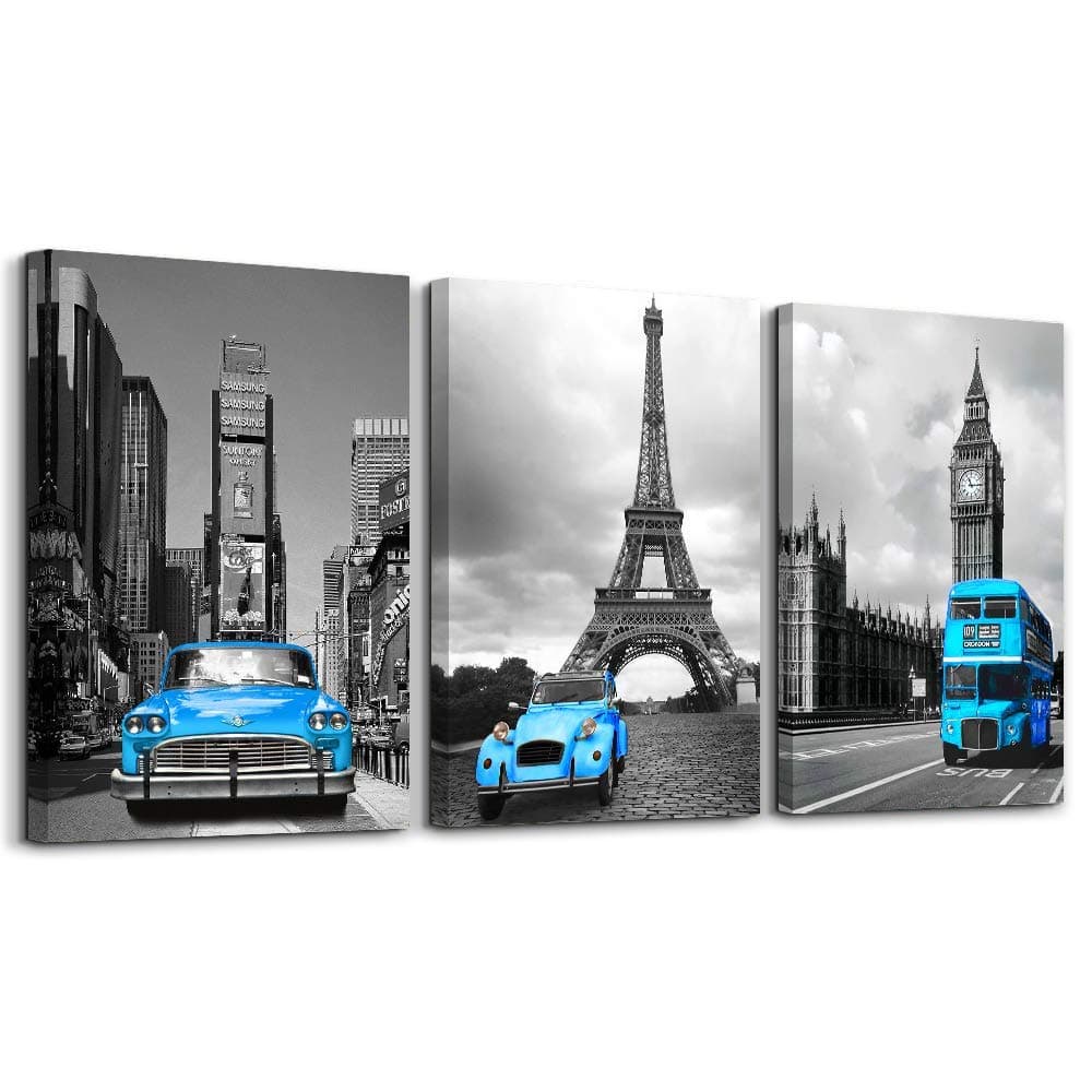 Paris Wall Decor for Bedroom Eiffel Tower and Big Ben Picture Home Decor Bedding Black White Wall Art Blue car Giclee Print on Canvas with Wooden Framed Ready to Hang Single Piece