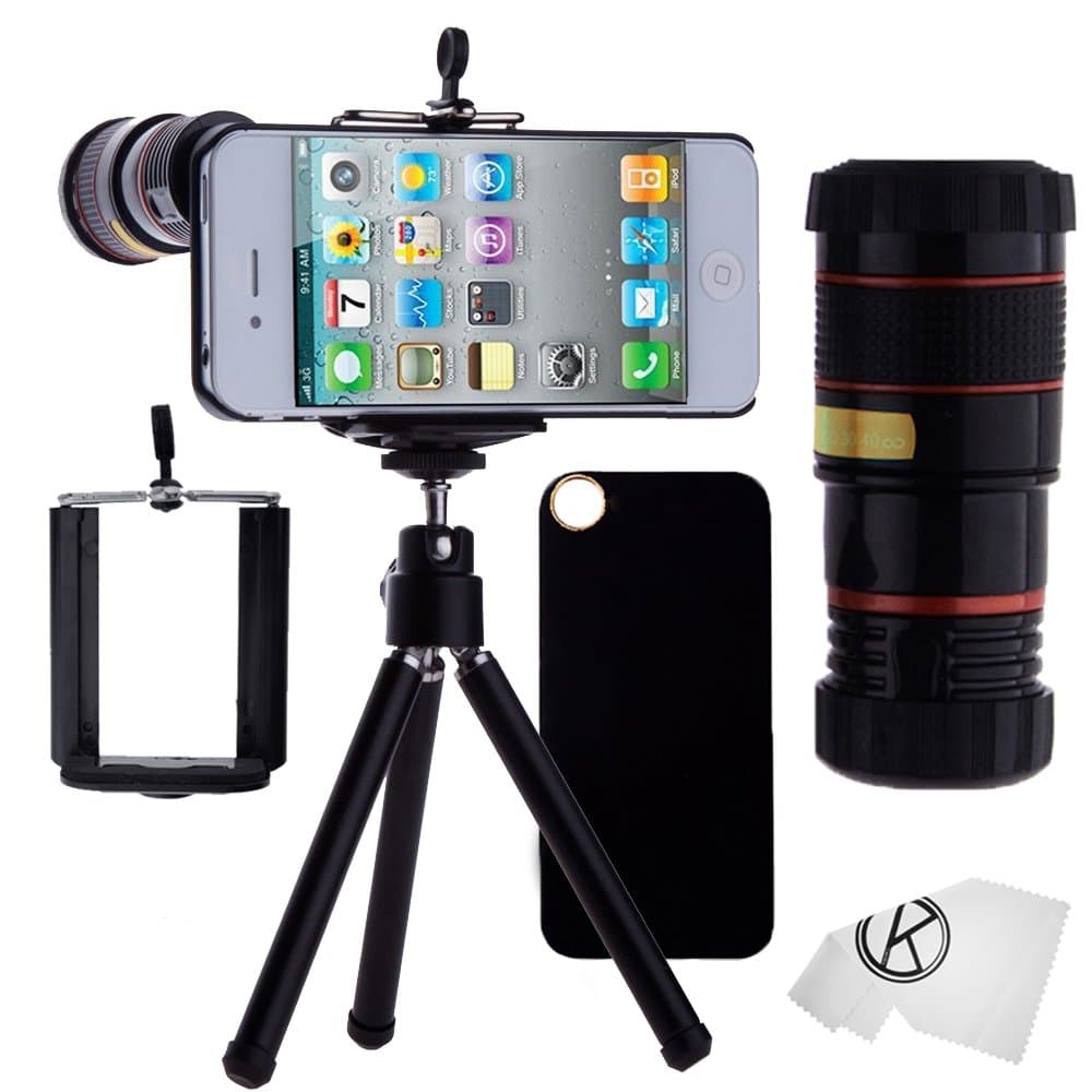 iPhone 4/4S Camera Lens Kit including 8x Telephoto Lens / Mini Tripod / Universal Phone Holder / Hard Case for iPhone 4 or 4S / Velvet Phone Bag / CamKix Microfiber Cleaning Cloth - Awesome Accessories and Attachments for Your Apple iPhone 4/4S Camera (Black)