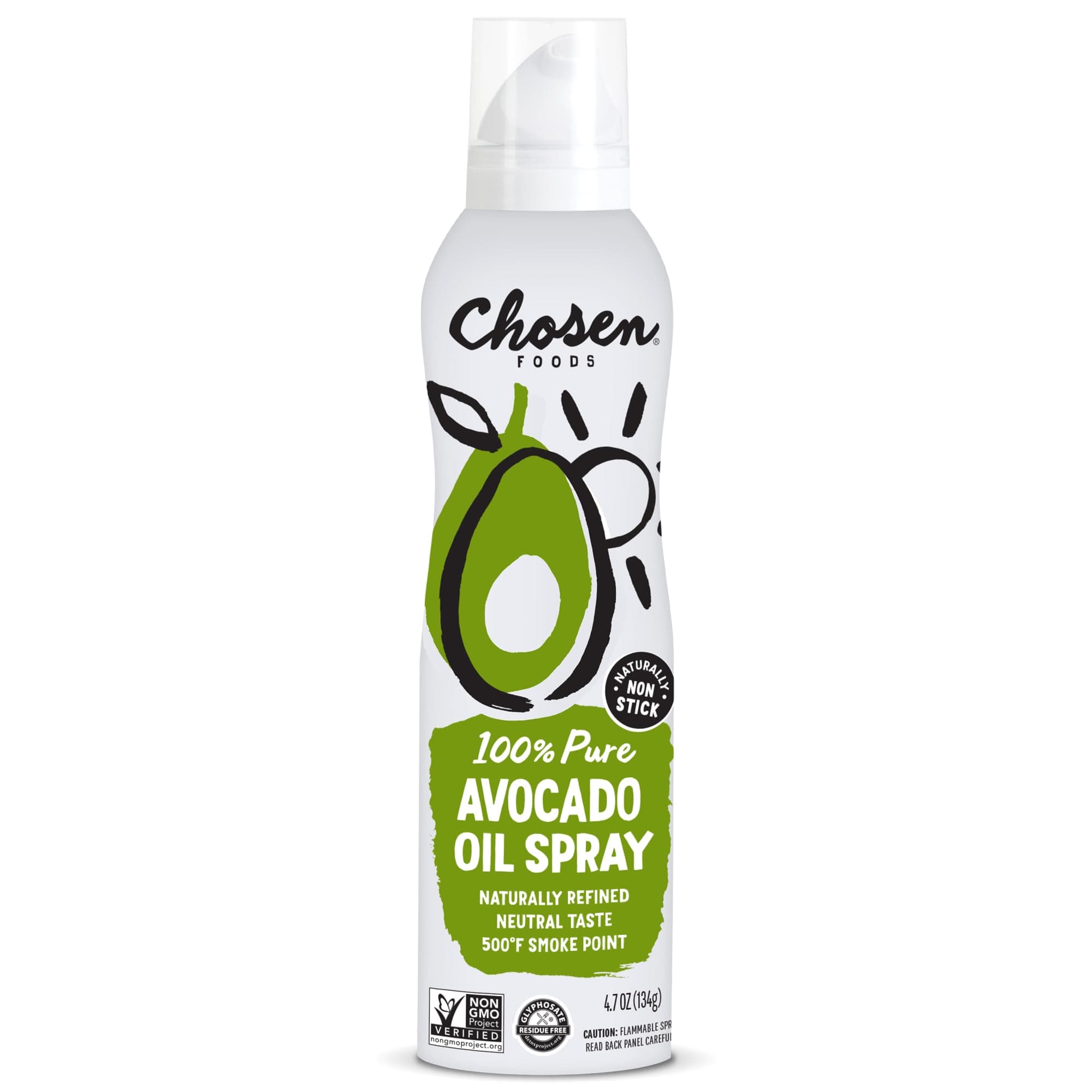 Chosen Foods 100% Pure Avocado Oil Spray 4.7 oz (1 Pack), Non-GMO, 500°F Smoke Point, Propellant-Free, Air Pressure Only for High-Heat Cooking, Baking and Frying