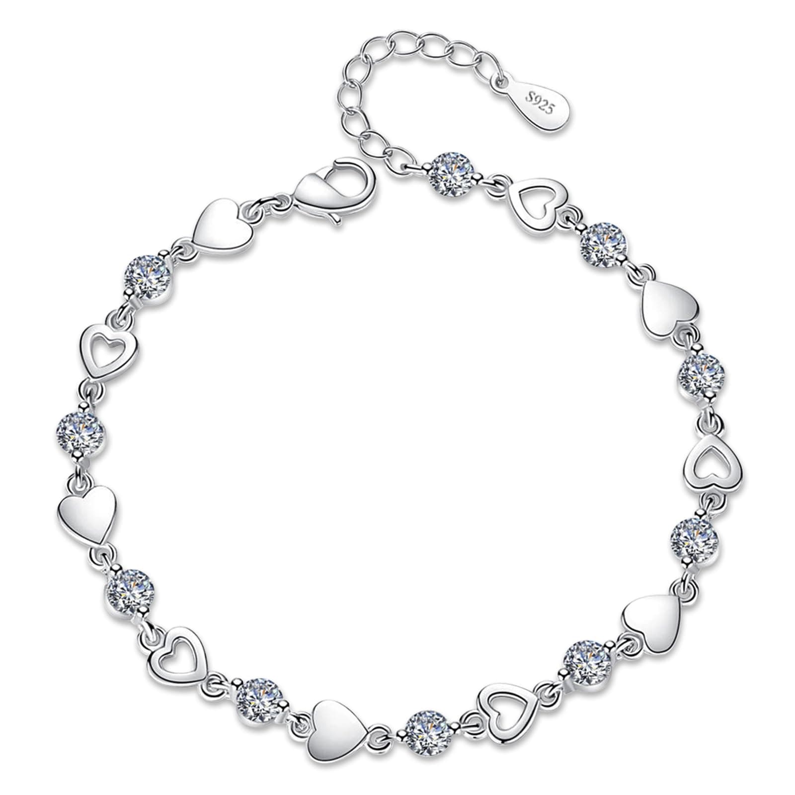 Sterling Silver 925 Love Heart Bracelet - Shiny Crystal Diamond Adjustable Charm Bracelet for Women & Girls
