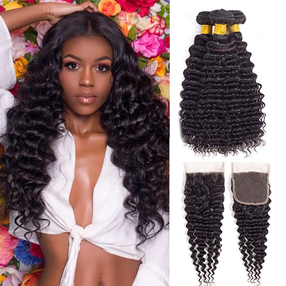 Brazilian Deep Wave 3 Bundles with Closure - Virgin Hair Pineapple Deep Wave Human Hair Deep Curly Bundles with Lace Closure (14 closure+16 18 20)