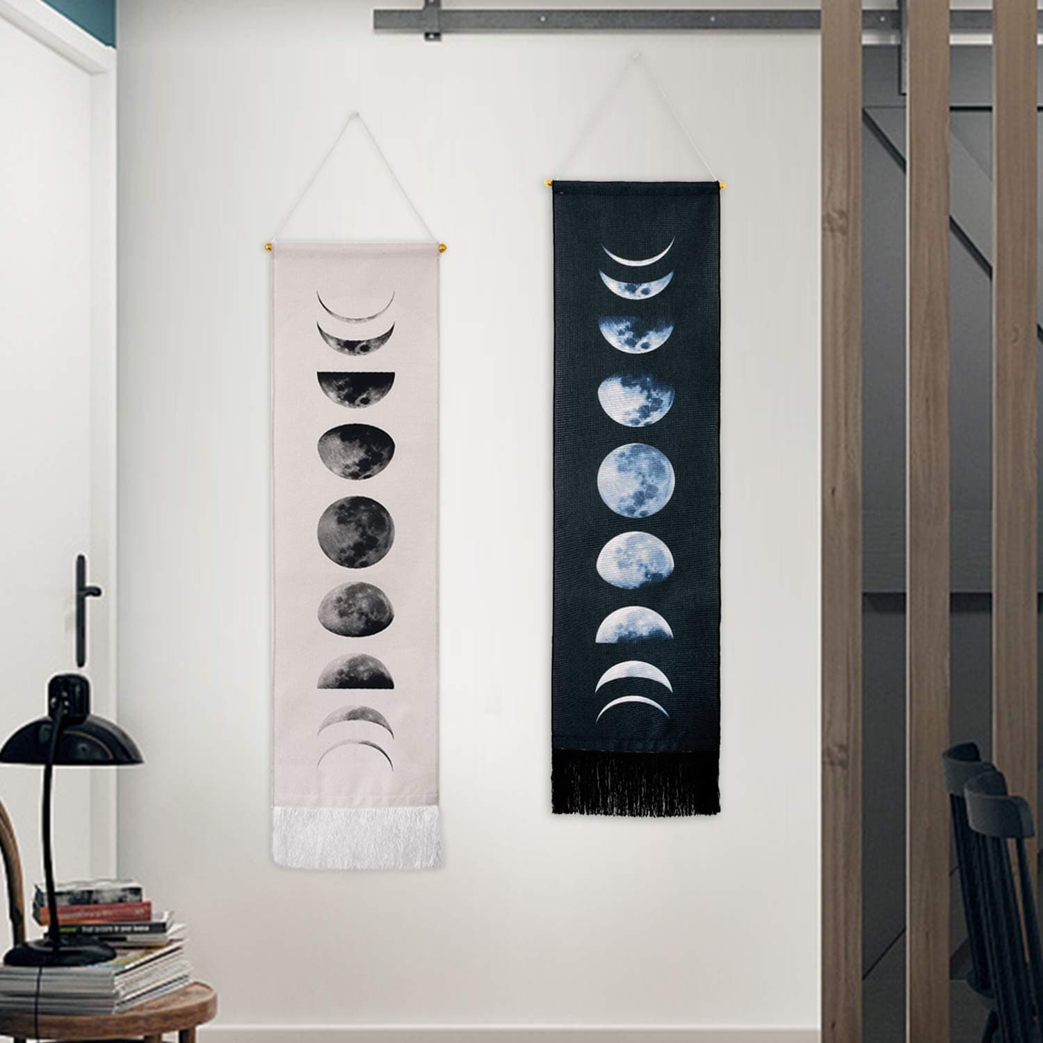Tapestry Wall Hanging Tapestries Nine Phases of the Full Growth Cycle of the Moon Wall Tapestry Cotton Linen Wall Art, Modern Home Decor (Black + White Moon Phase Change, 12.99" x 52.75")