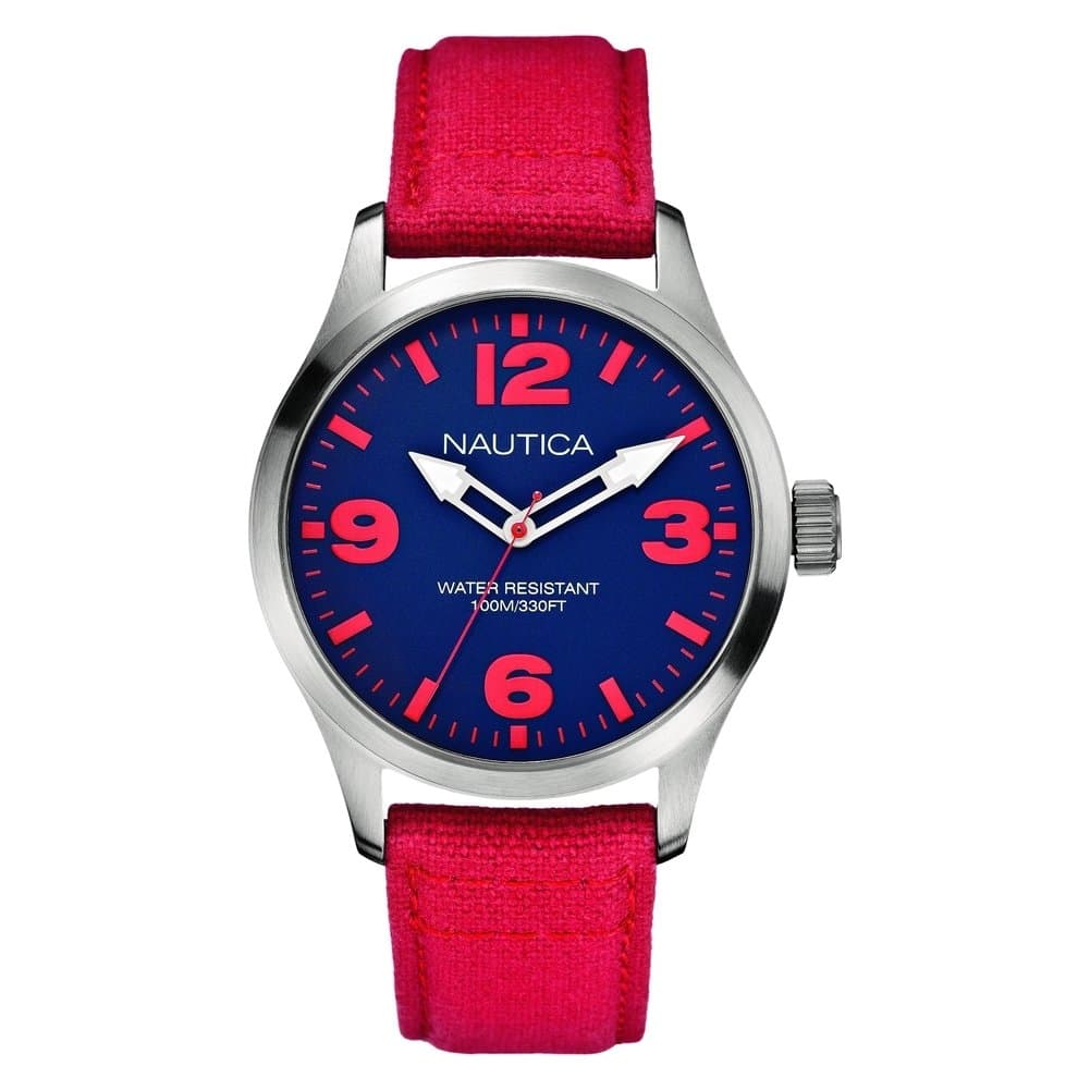 Nautica BFD 102 Men's Quartz Watch with Blue Dial Analogue Display and Red Fabric Strap A11559G