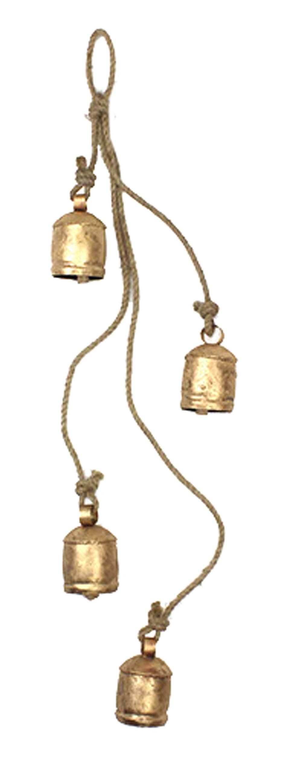 Shabby Chic Rustic Iron 4 Vintage Cluster Cow Bells Hanging Windchime with Rope Relaxing Tranquil Wind Chimes Wooden Clapper, Boho Style, Country Decor 90 cm Height
