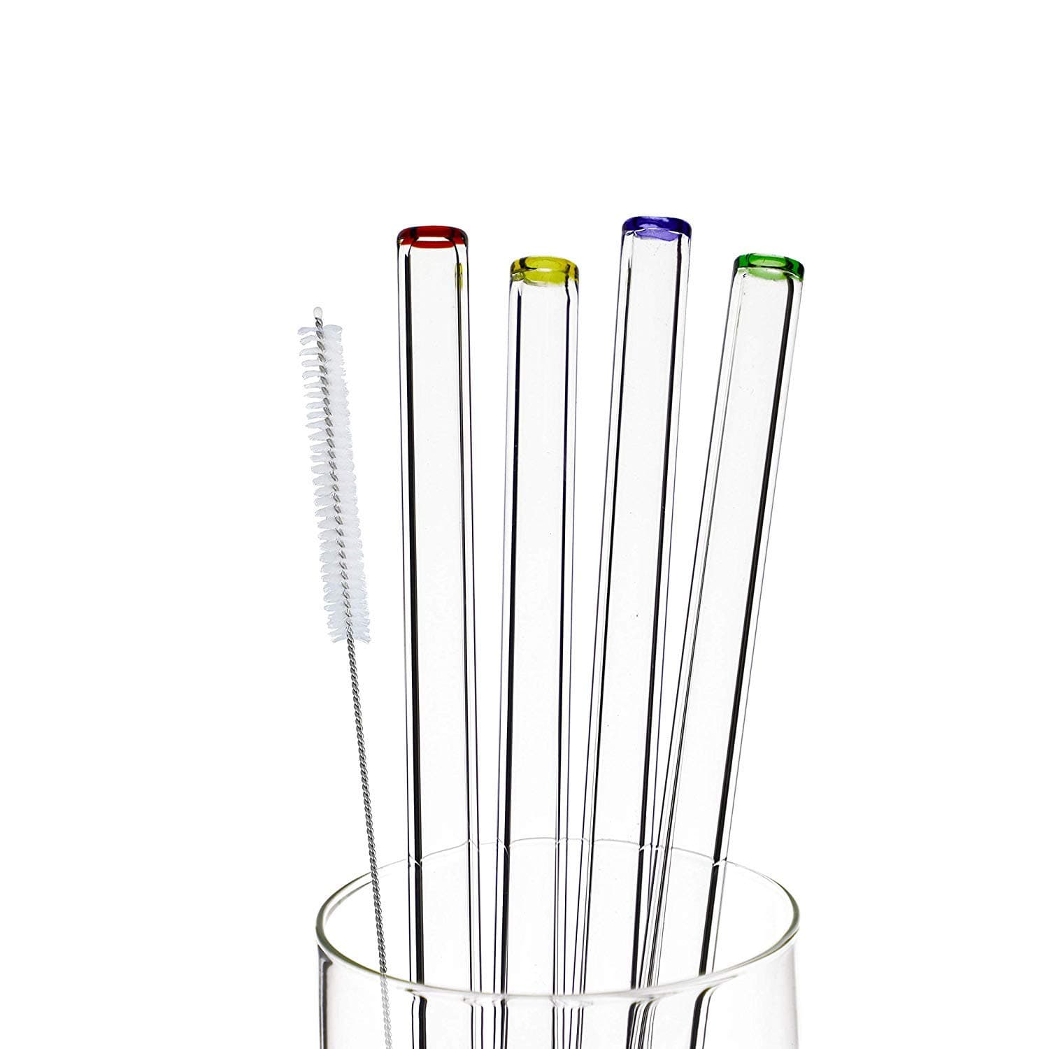DOCTORBEE 4pcs 9" 9mm Reuseable Straight Glass Straws Handmade Straw with 1 Cleaning Brush Yellow Red Green Blue Lip