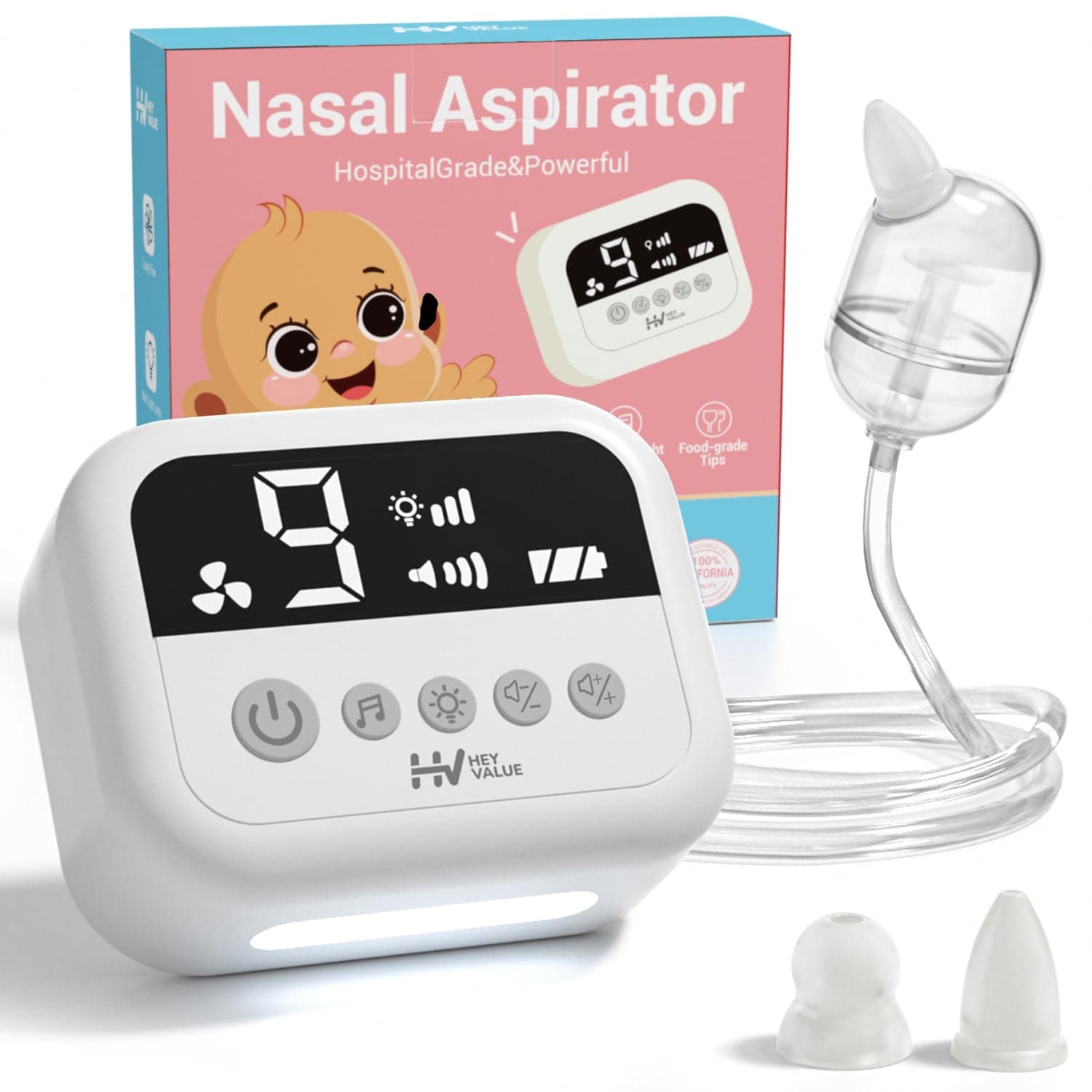 - HEYVALUE Nasal Aspirator for Baby, Hospital Grade Nose Sucker with 9 Levels Suction, Night Light and Nursery Rhyme Soothing Function, Electric Nose Suction for Baby with Food-Grade Silicone Tips