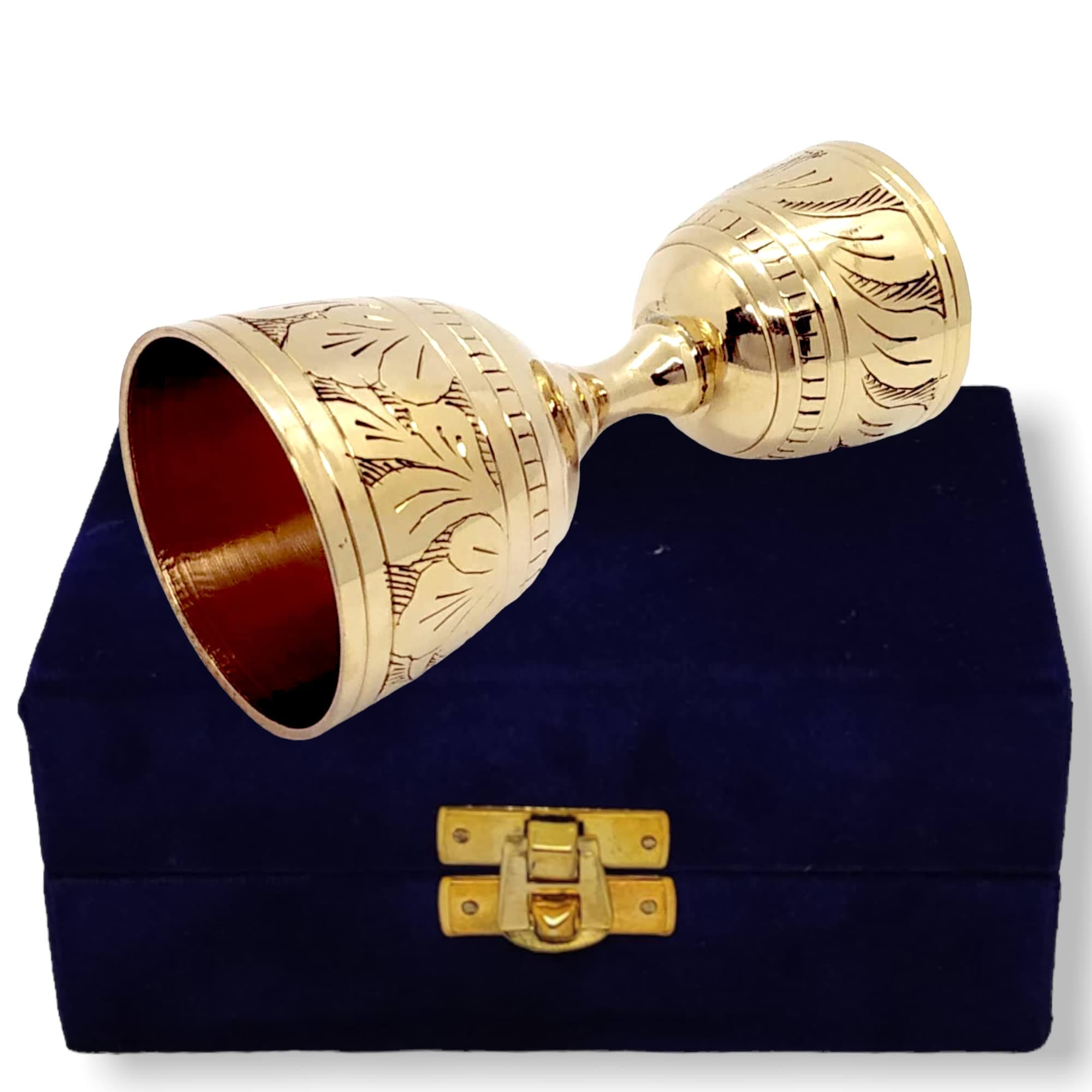 EPNS, Brass Engraved Peg Measure Cup, Jigger, SHOT GLASS with Decorative Velvet Box, 30 ml / 60 ml, (1 oz / 2 oz)