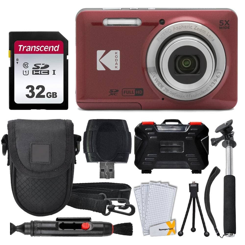 Kodak PIXPRO FZ55 Digital Camera (Red) + 32GB Memory Card + Point and Shoot Camera Case + Extendable Monopod + Lens Cleaning Pen + LCD Screen Protectors + Table Top Tripod – Ultimate Bundle