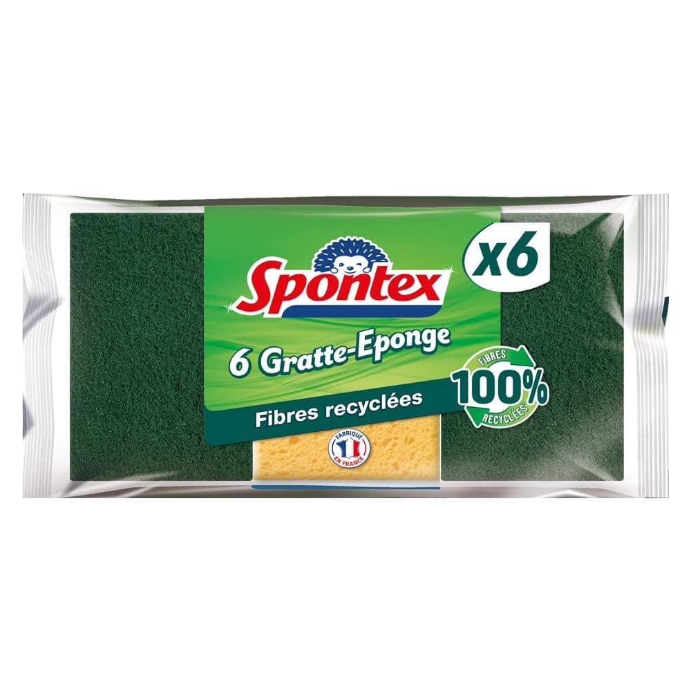 SPONTEX Recycled Fibre Sponge Scraper - 6 Green Scouring Sponges - Durable and Eco-Friendly