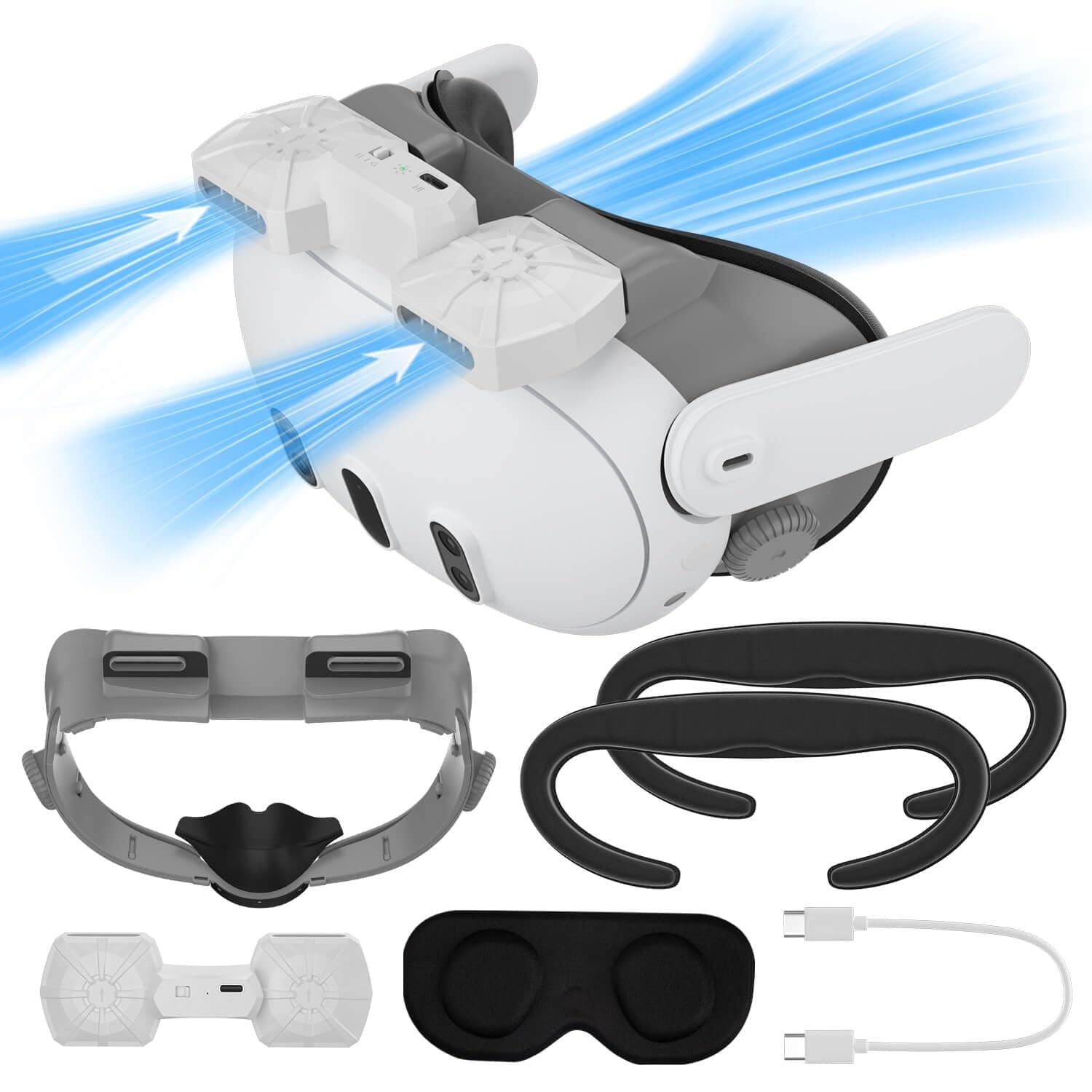 Facial Interface with Cooling Fan for Meta Quest 3, Face Cover with PU Face Cushion Pad Replacement with Lens Protector Cover for Quest 3, Active air Circulation Ventilation Increases face Cool