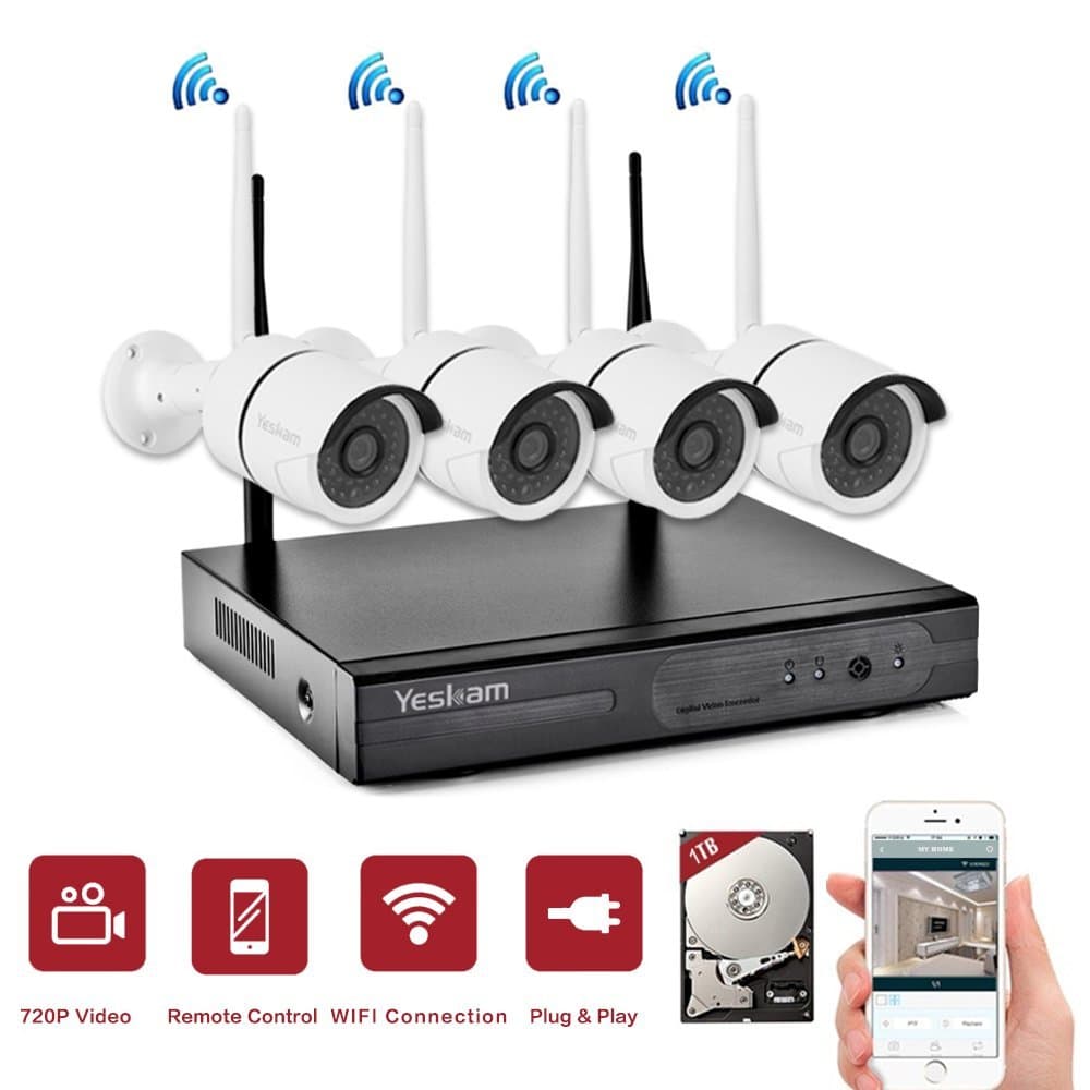 YESKAMO Wireless Security Camera System with 4 HD Wireless Outdoor IP Cameras Built-in 1TB Hard Drive for Home Surveillance Remote View on Smartphone App